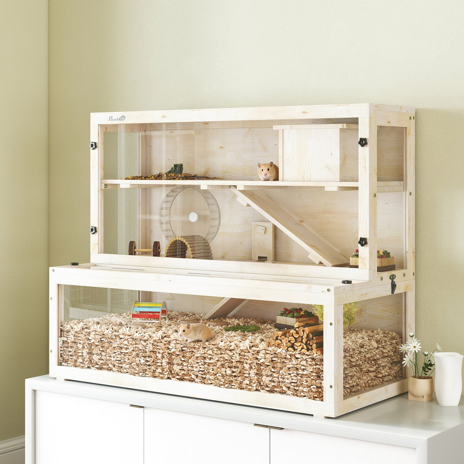 3 Tier Wooden Hamster Cage With Hut, Wheel, Ramps, 100 X 50 X 84 Cm | Natural