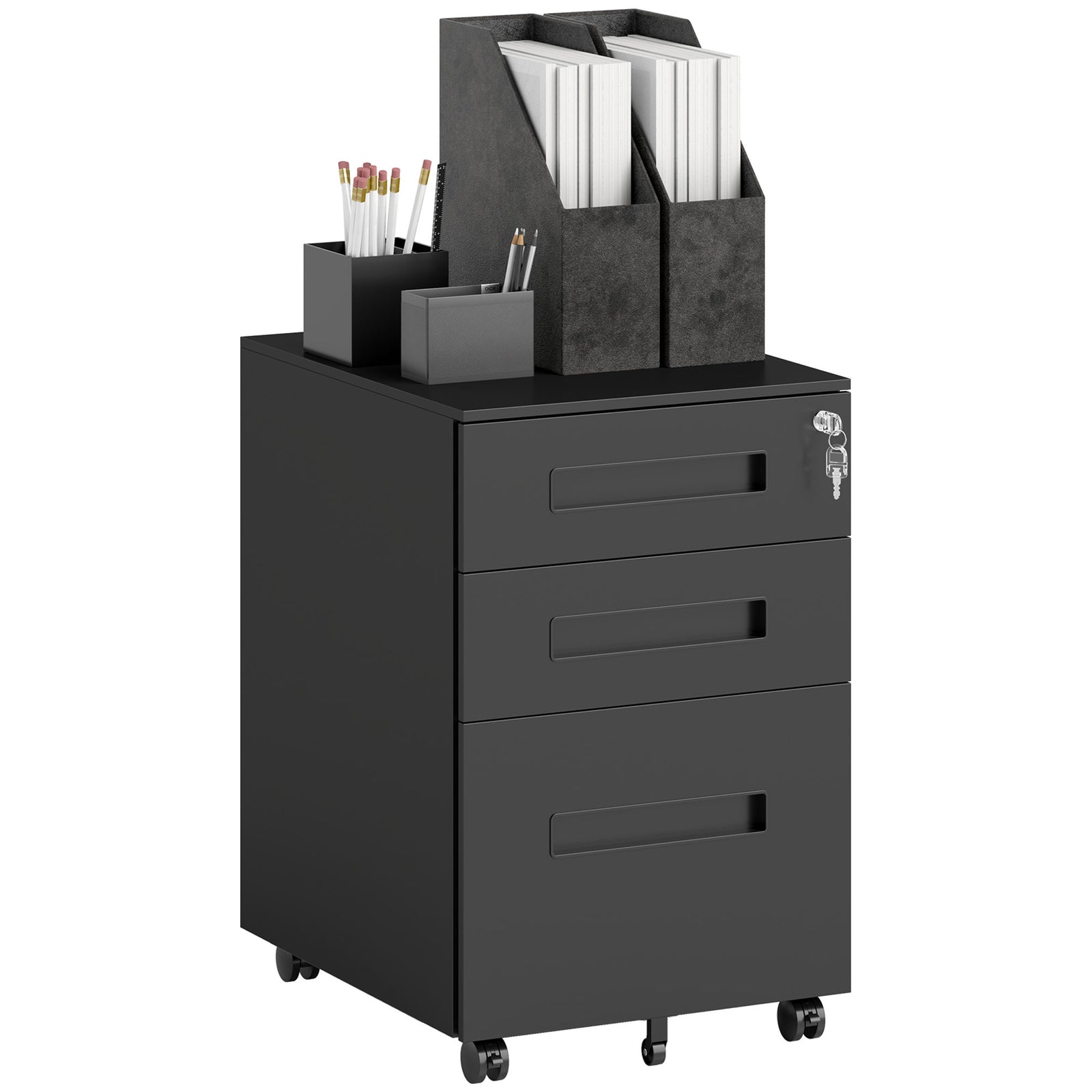 Lockable Mobile Filing Cabinet W/ 3 Drawers | Large | Black