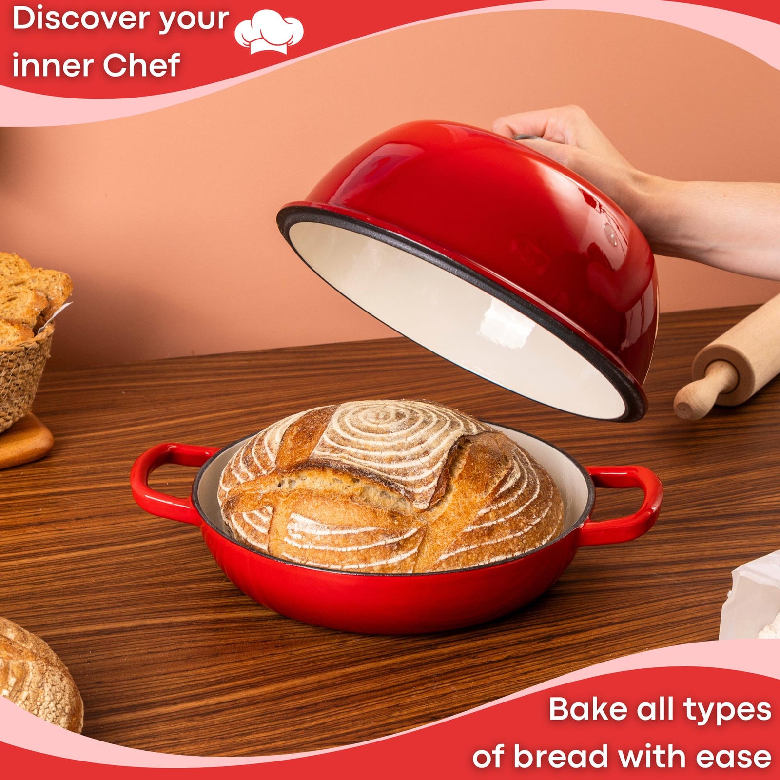 Enamelled Cast Iron Dutch Oven Bread Pot, 22cm (5.6l) | Red