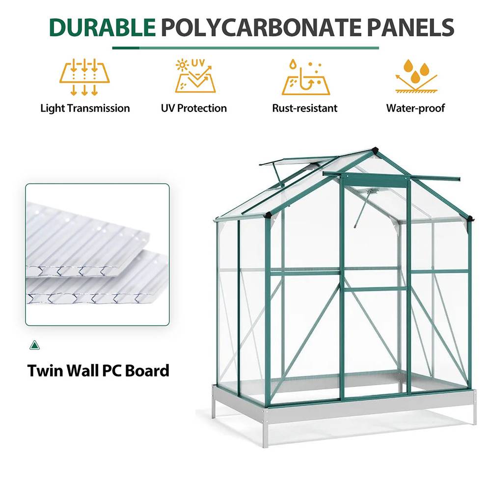 Polycarbonate Greenhouse With Base – Aluminum Frame Walk-in Greenhouse With Sliding Door & Ventilation Window For Plants & Flowers, Green, 4 x 6ft