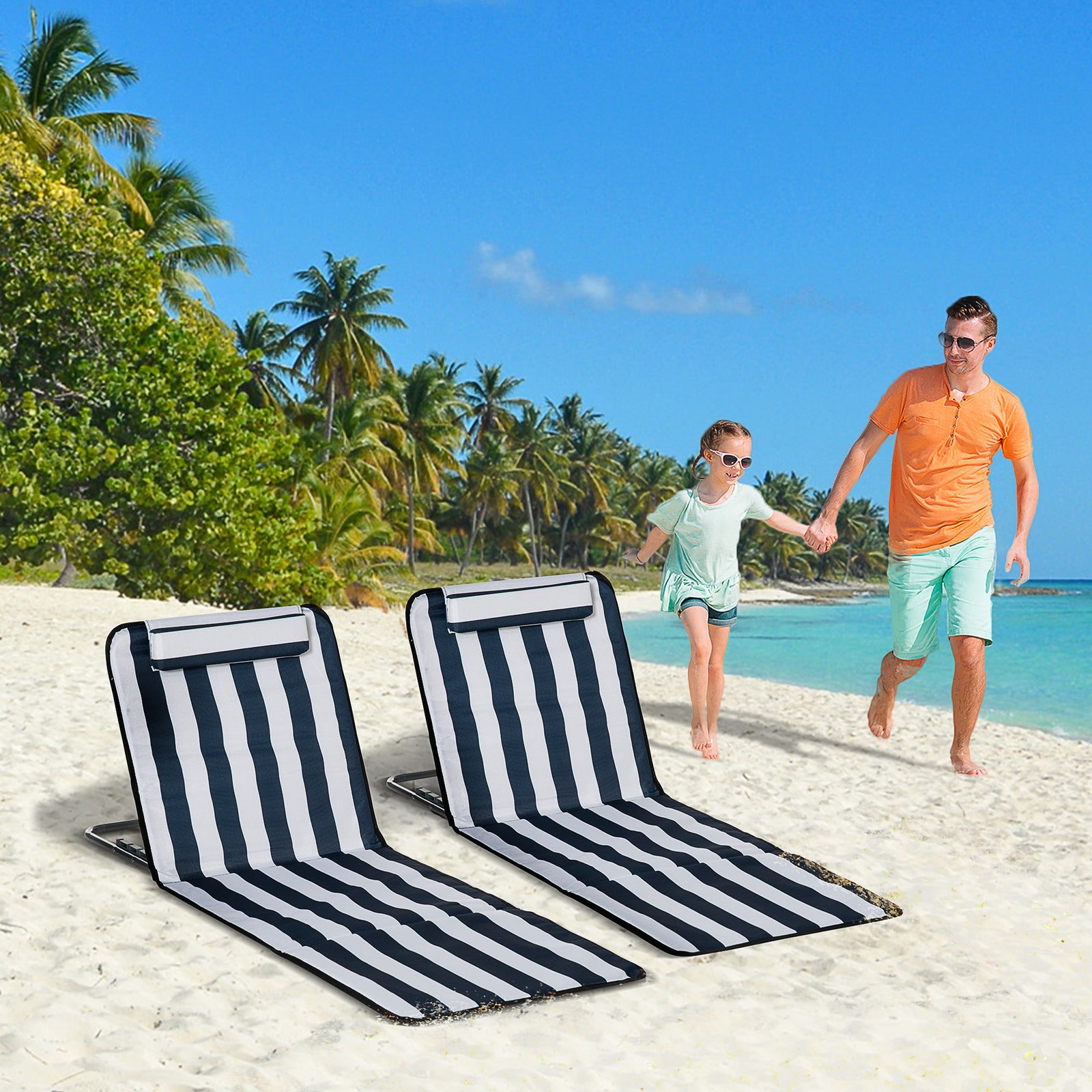 2pc Outdoor Beach Mat Steel Reclining Chair Set W/ Pillow | Blue