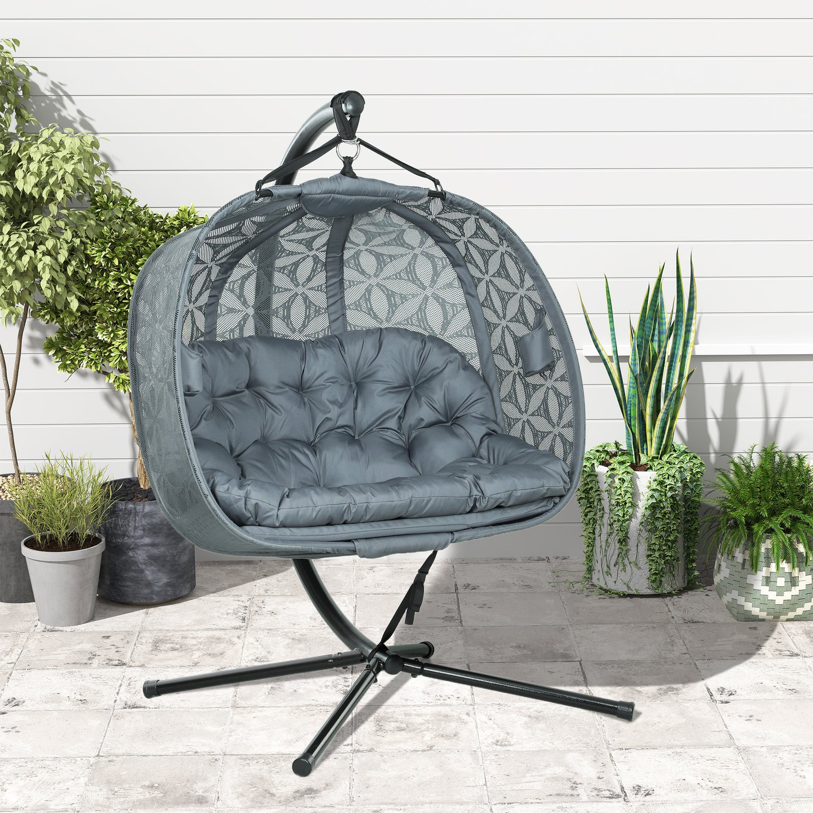 Double Hanging Swing Chair W/ Stand & Cup Holders, Grey