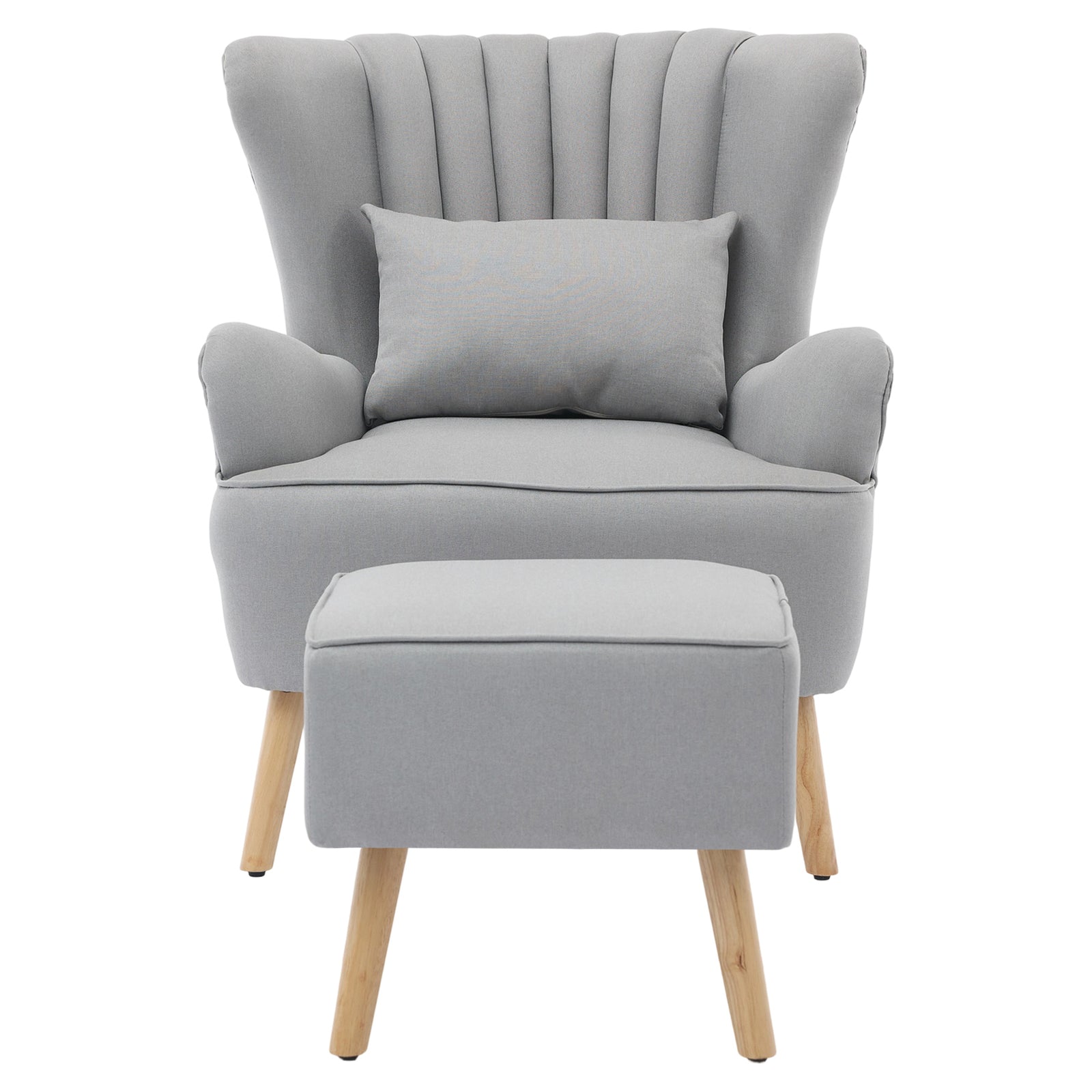 Modern Wingback Accent Chair Armchair With Footstool And Lumbar Pillow | Light Grey