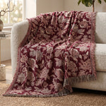 Pure Handmade 100% Cotton Heritage Floral Jacquard Bed & Sofa Throw Blanket, Maroon