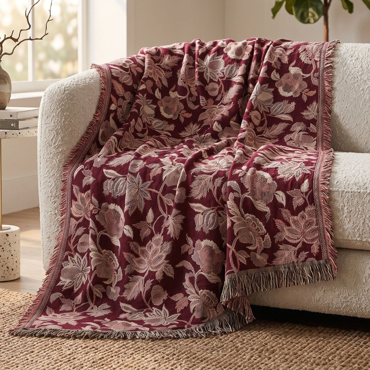 Pure Handmade 100% Cotton Heritage Floral Jacquard Bed & Sofa Throw Blanket, Maroon