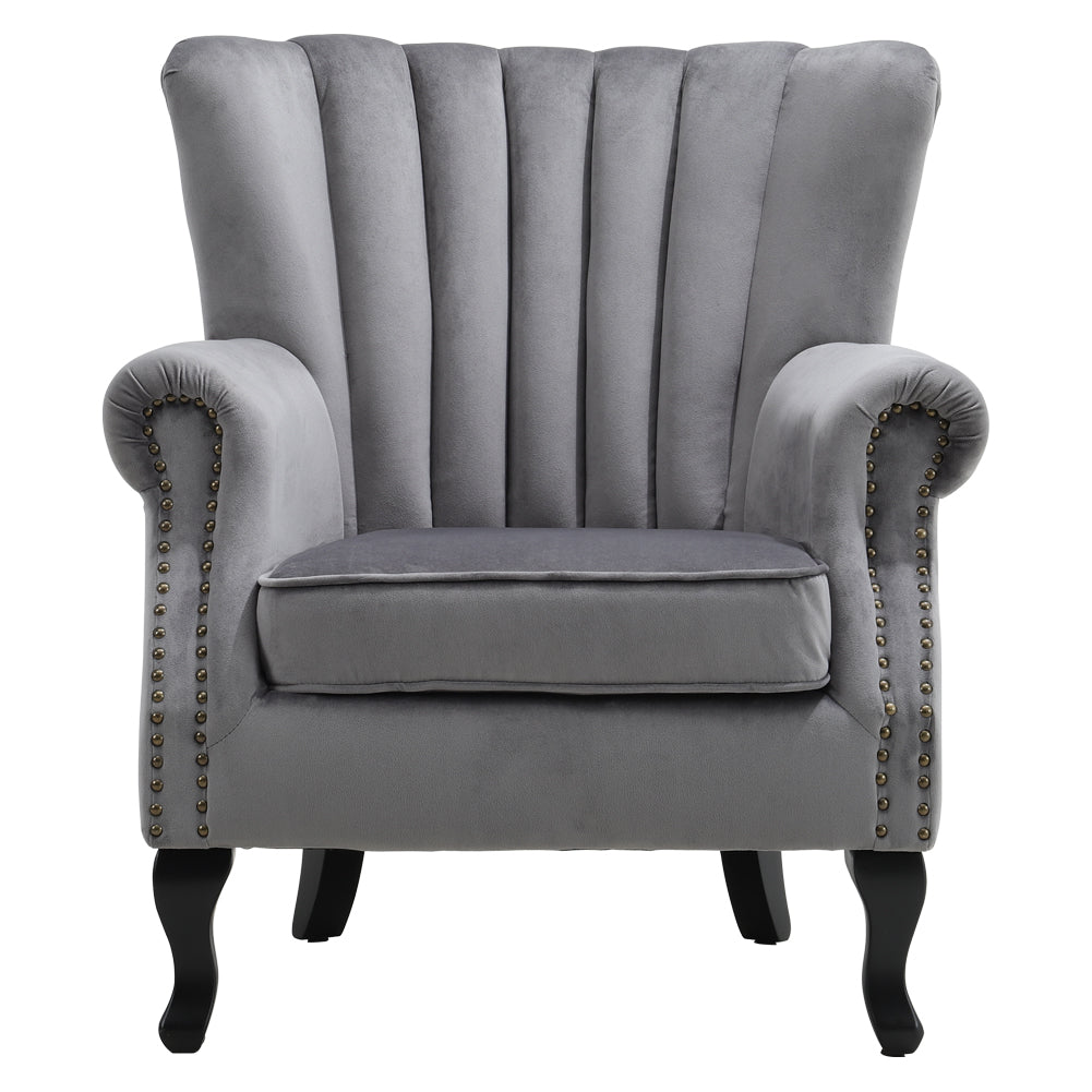 Vintage Old-fashion Velvet Wing Back Armchair With Studs | Grey