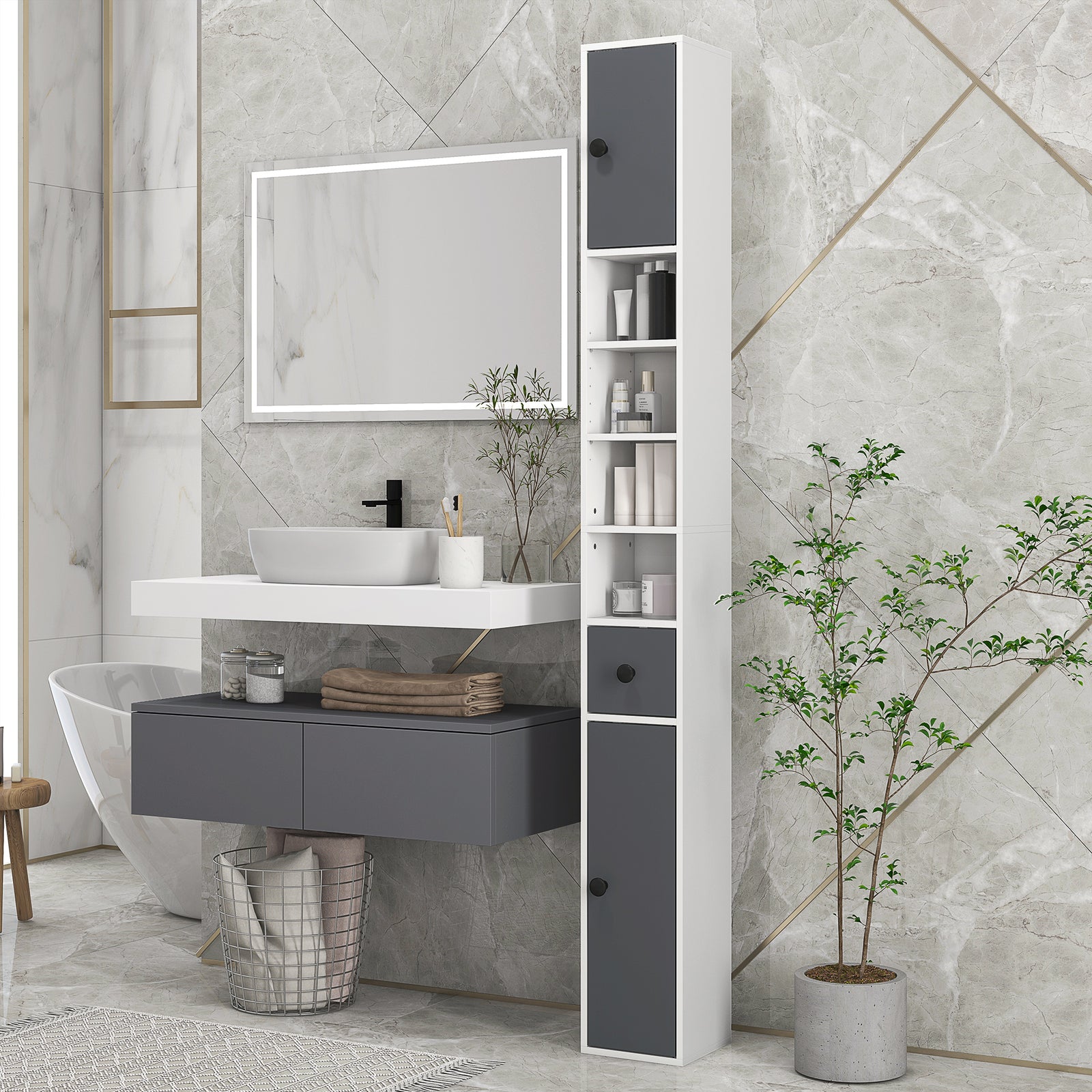 Slim Bathroom Cabinet, Toilet Roll Storage W/ Open Shelves | One Size