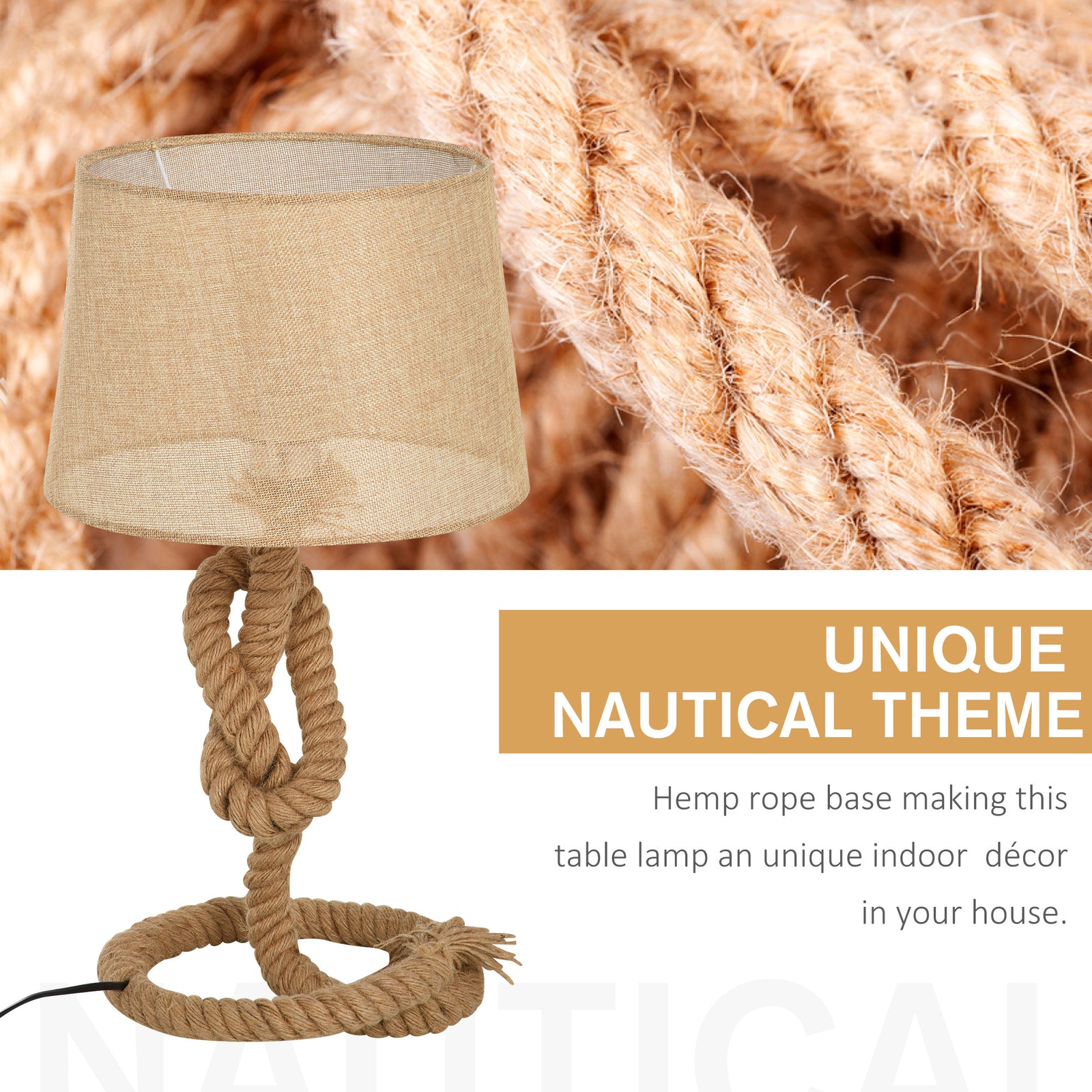 Nautical Style Rope-base Table Lamp W/ Fabric Lampshade