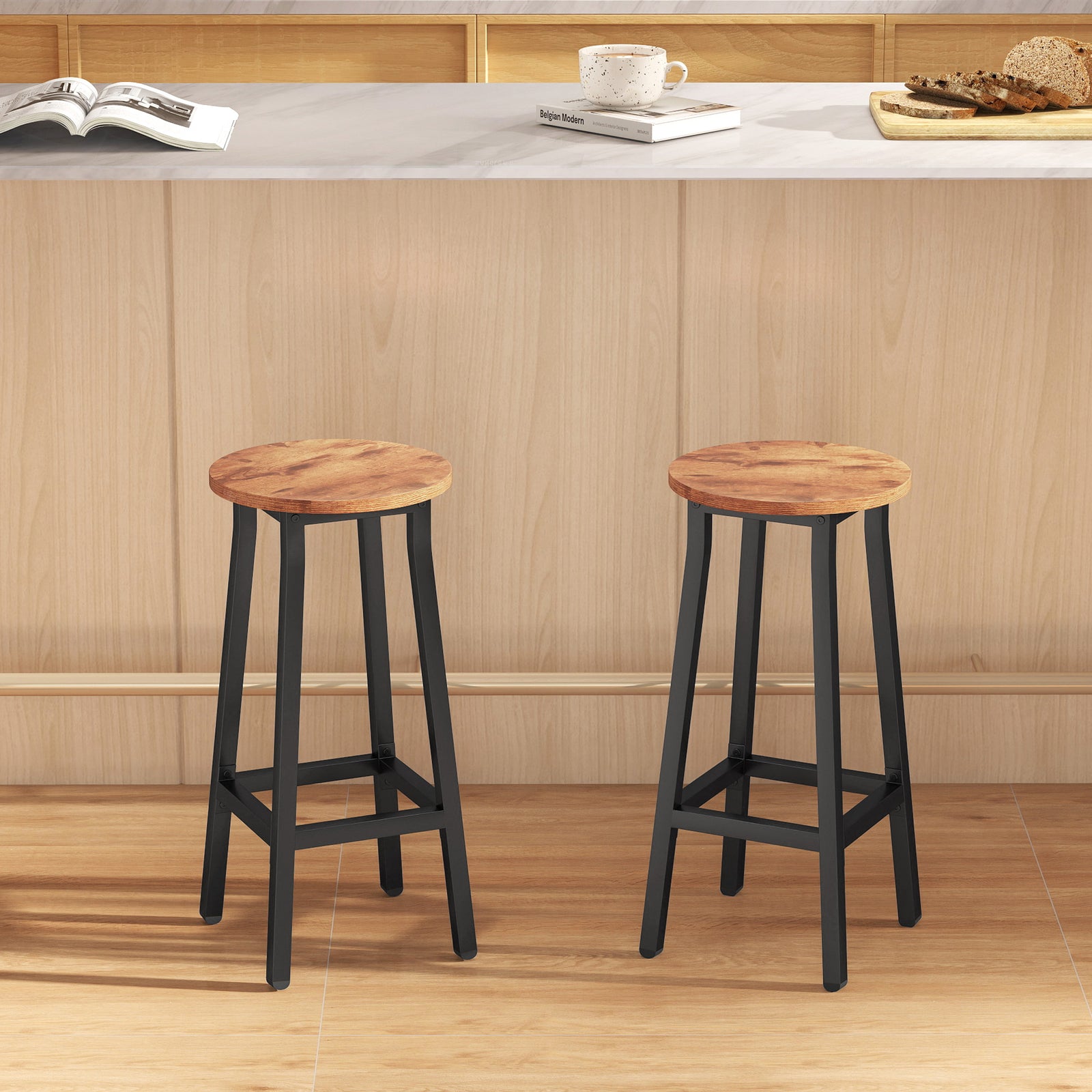 HOMCOM Barstools, Breakfast Bar Stools With Footrest, Rustic Brown