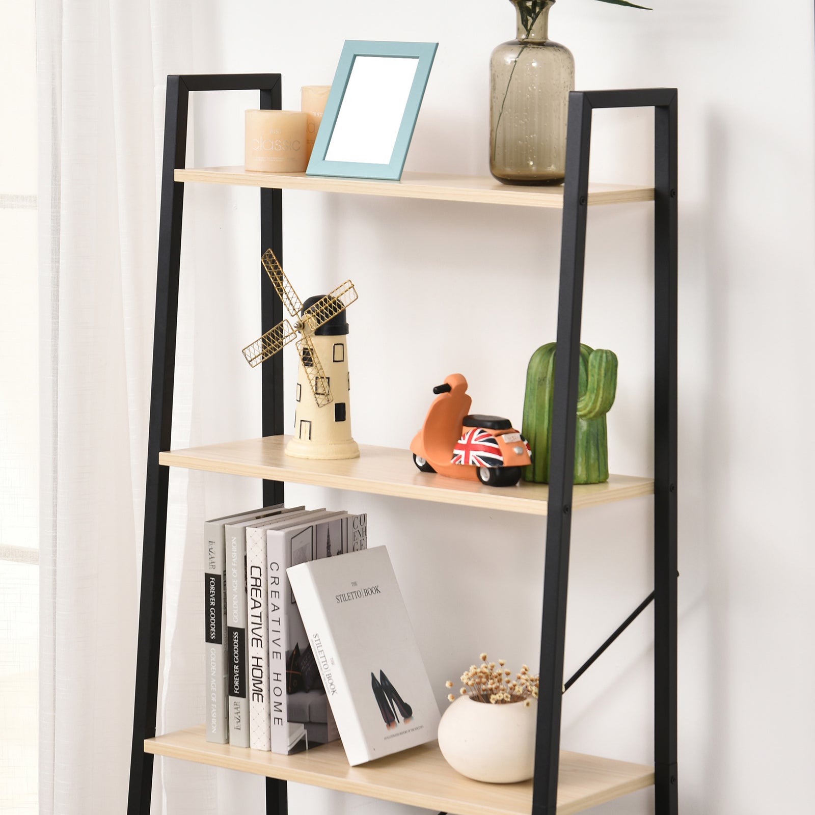 4-tier Minimalistic Ladder Shelf Unit Steel Frame Display | One Size | Beige