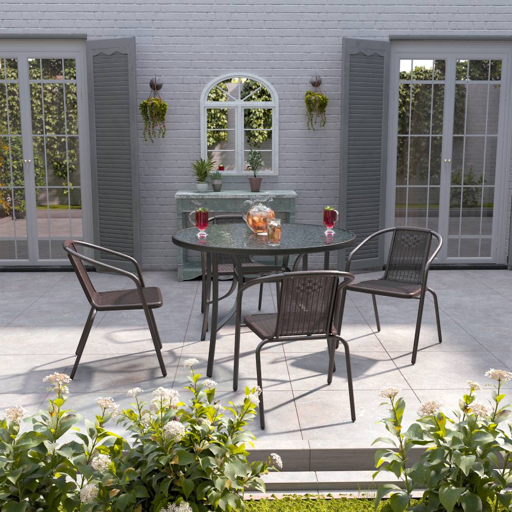 5 Pieces Garden Dining Set Tempered Glass Outdoor Coffee Table And Rattan Chairs Set