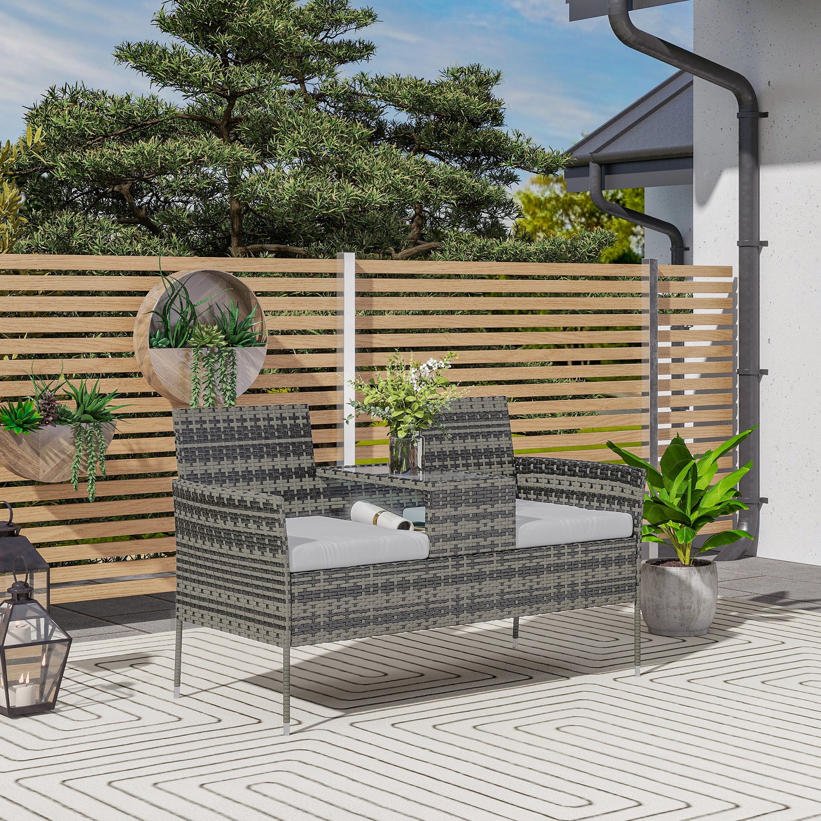 2 Seat Rattan Bench With Glass Tea Table