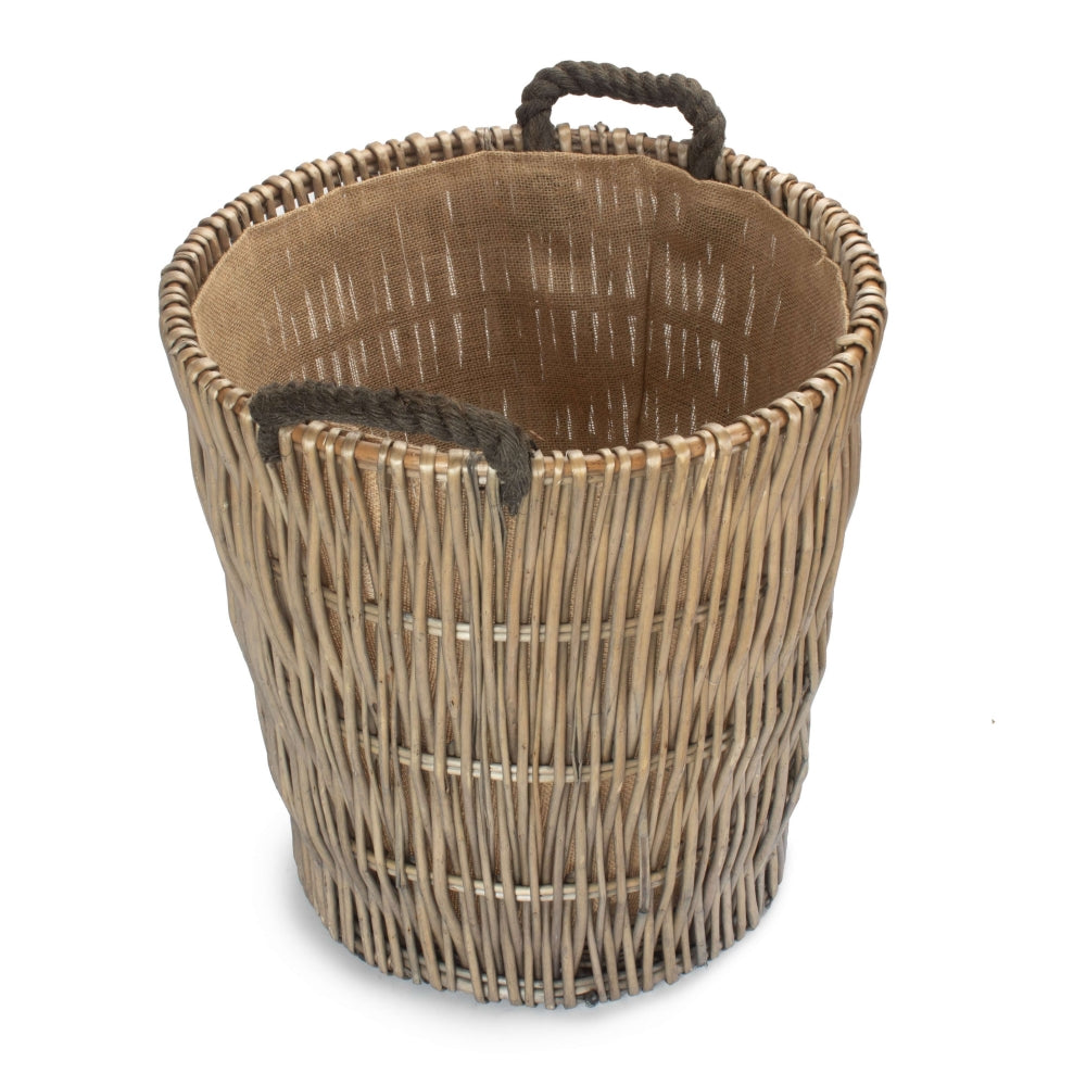 Wicker Tall Grey Round Hessian Lined Log Basket