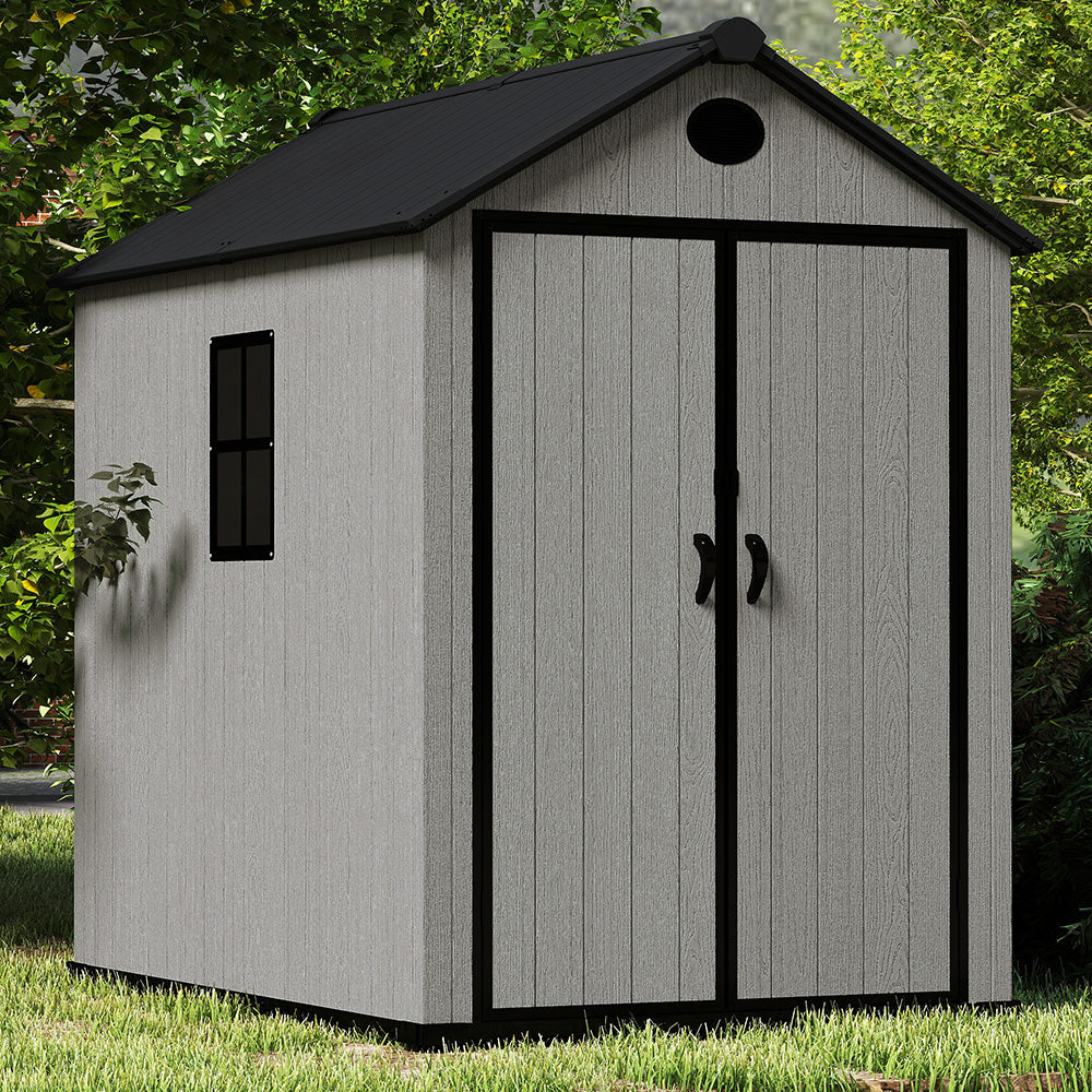 5.33 × 7.32 ft Garden Tool Shed With Apex Roof & Combination Lock – Grey Wood Grain Storage Shed With Window & Vents