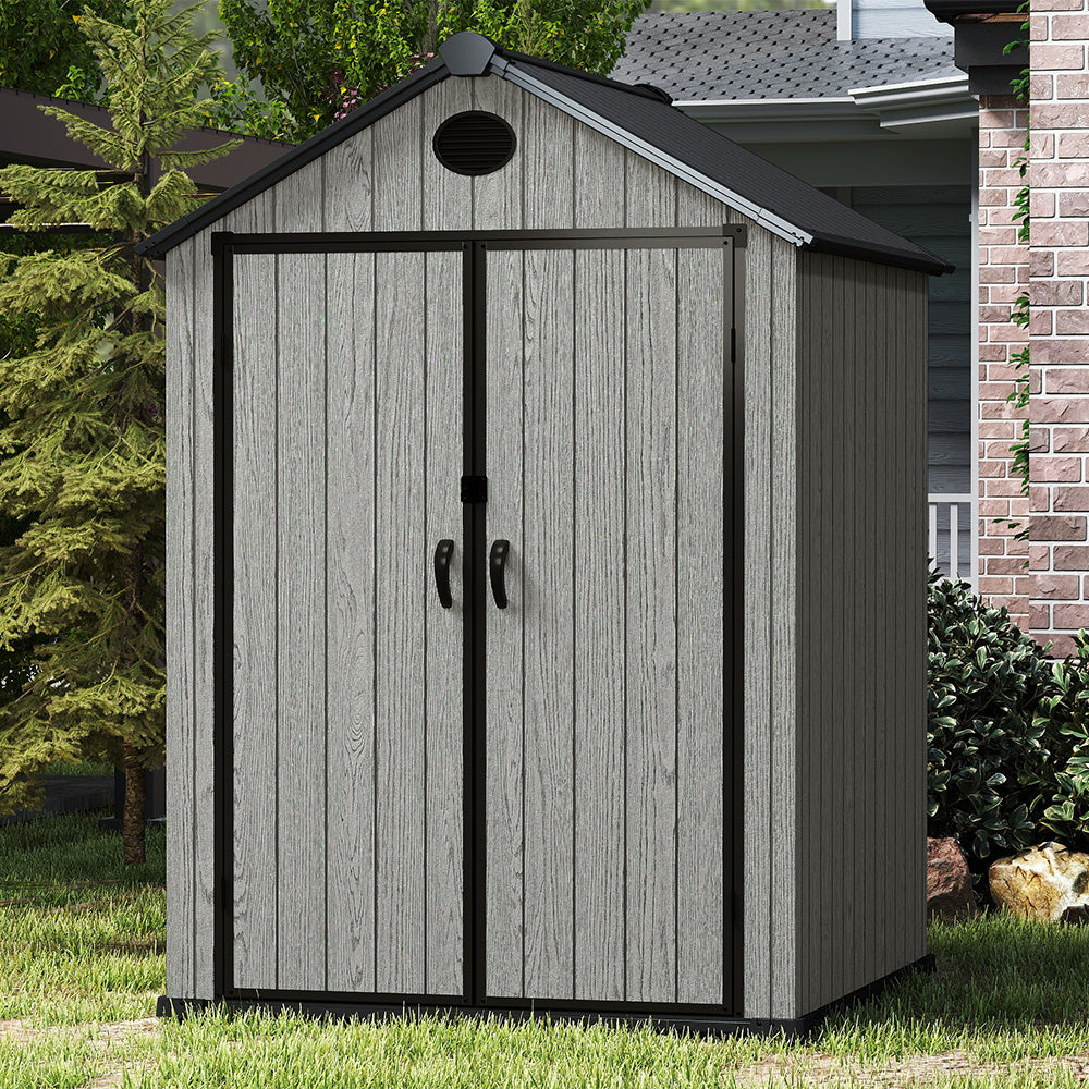 5.33 X 5.35ft  Garden Tool Shed With Apex Roof & Combination Lock – Grey Wood Grain Storage Shed With Window & Vents