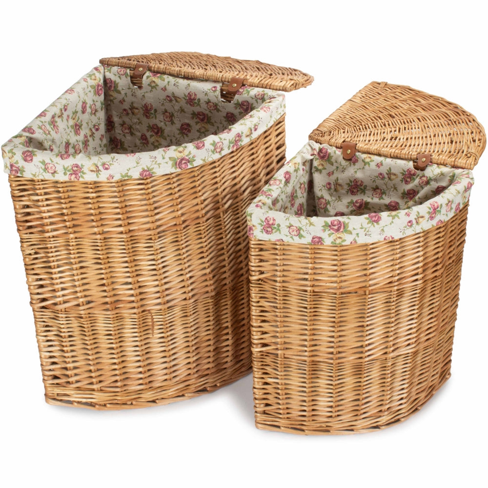 Garden Rose Cotton Lined Light Steamed Corner Laundry Baskets | Set of 2 | Pink