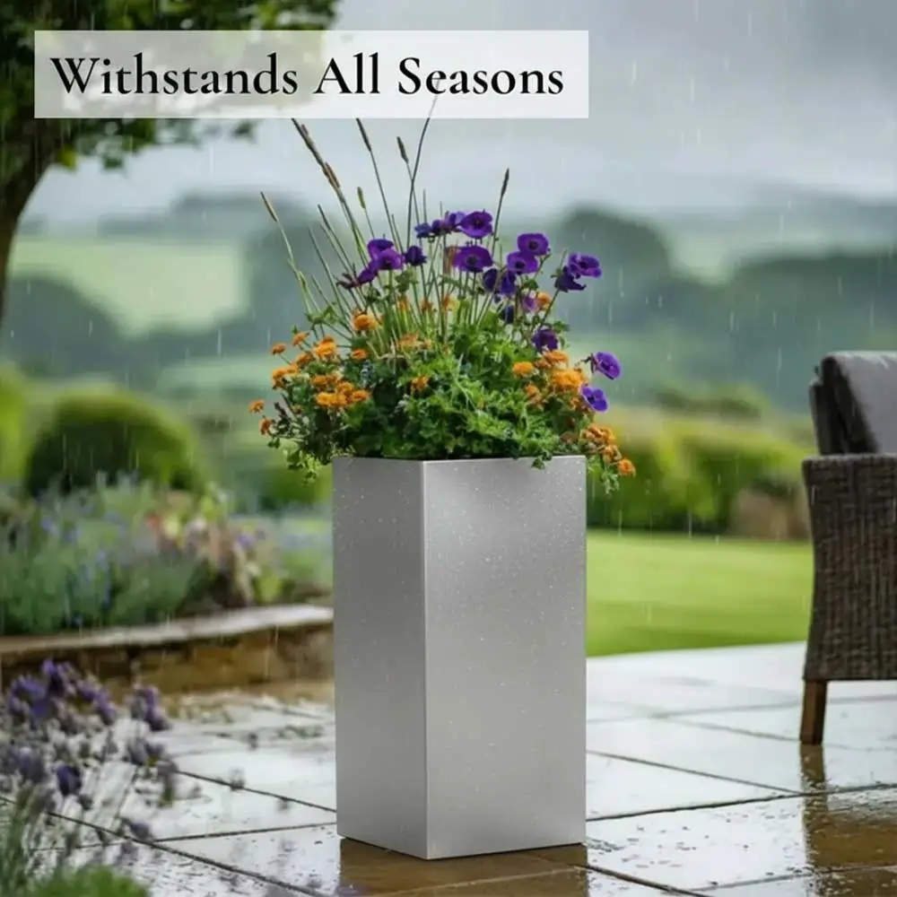 Zinc Galvanised Tall Square Planter | 25cm x 25cm x 50cm | Silver