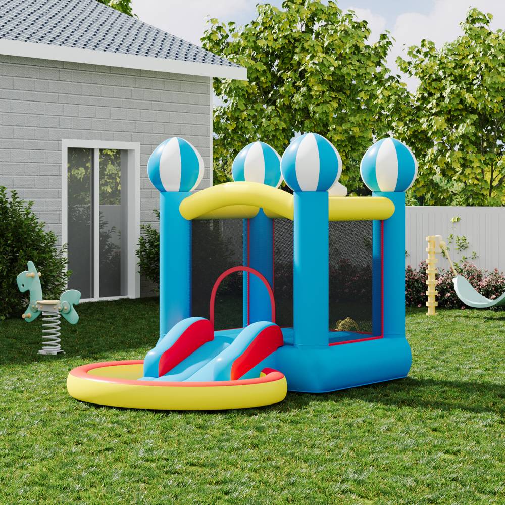 Inflatable Bouncy Castle With Hot Air Balloon Print, Kids Jumping Castle With Slide, Heavy-duty Oxford Fabric, 370w Blower Included