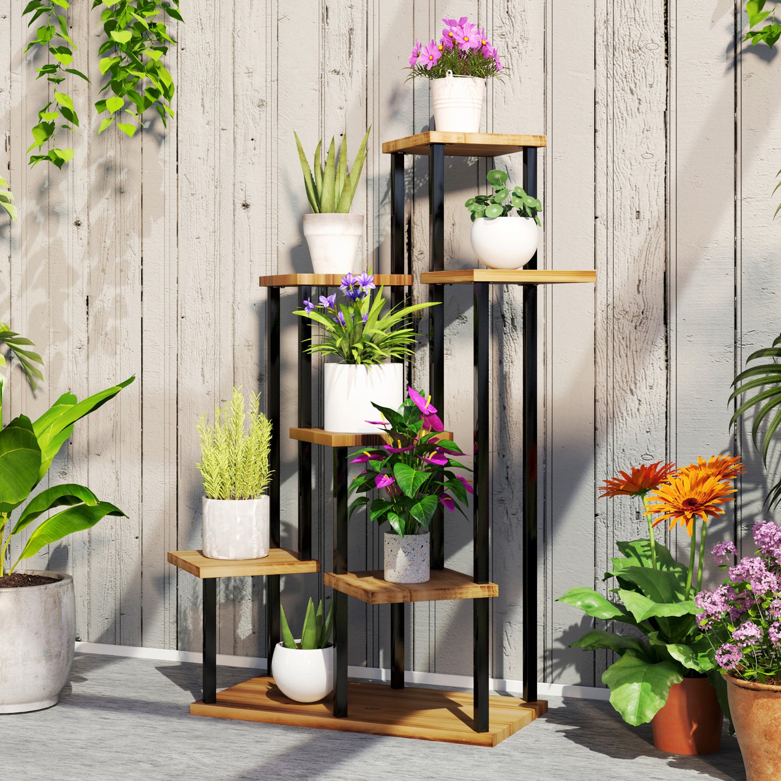 7 Tier Plant Stand, Tall Steel Wood Plant Shelf