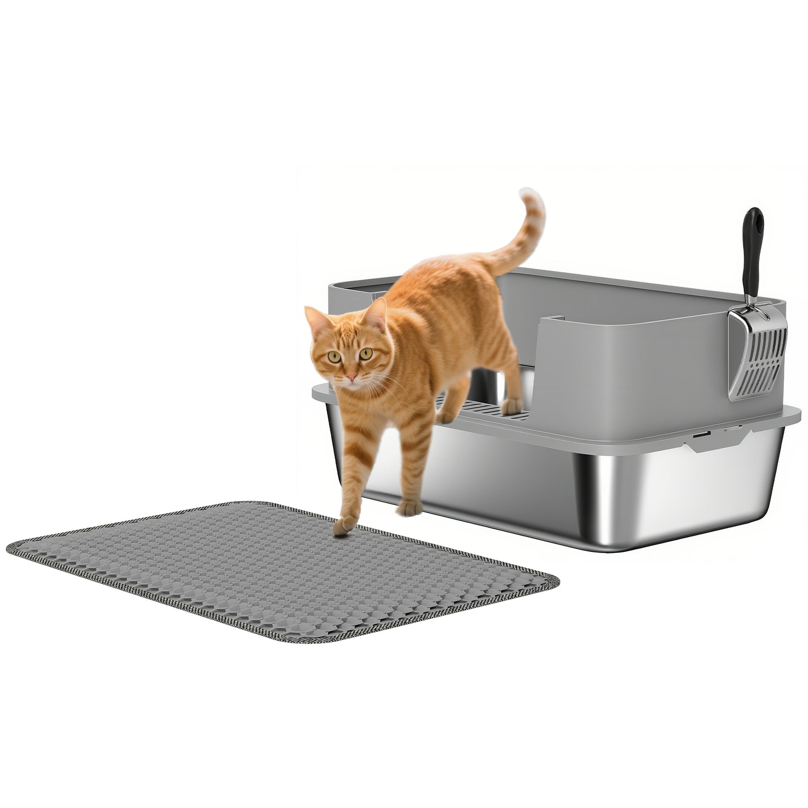Stainless Steel Litter Box With Scoop, High Sided Cat Litter Tray