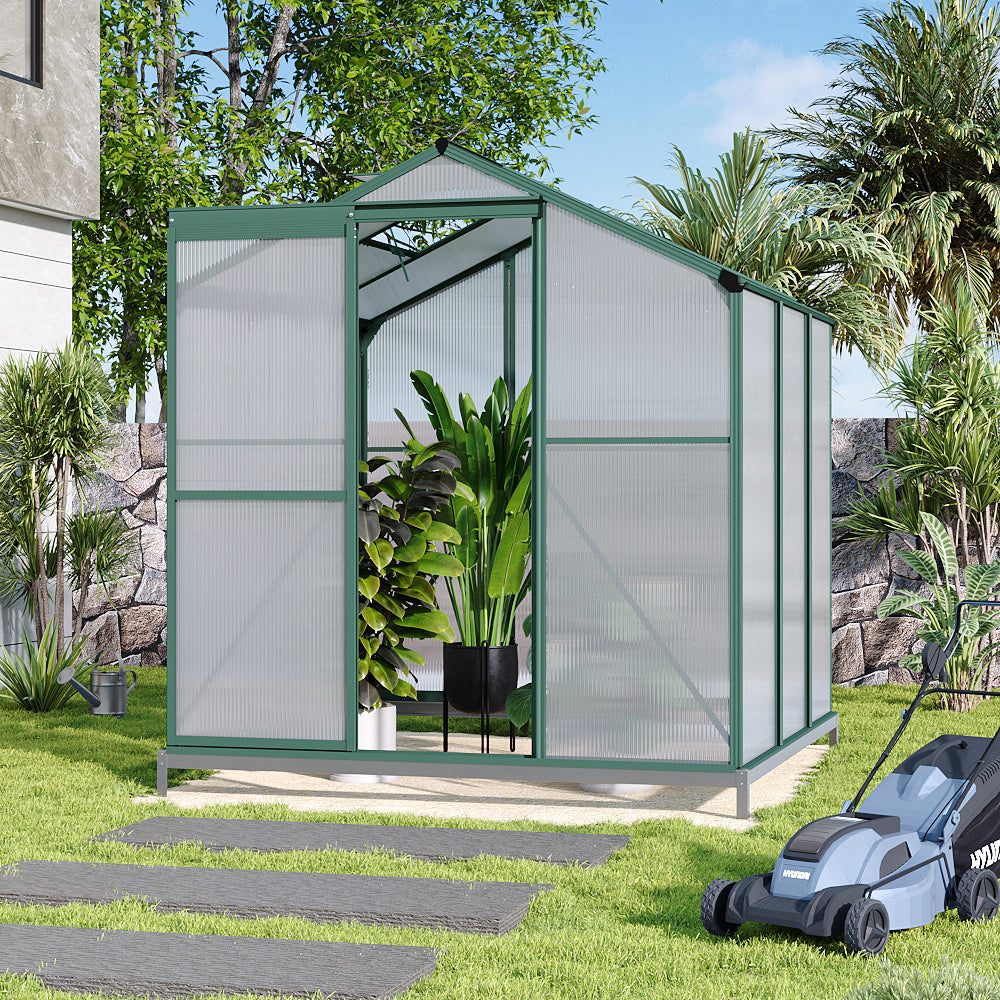 Polycarbonate Greenhouse With Base – Aluminum Frame Walk-in Greenhouse With Sliding Door & Ventilation Window For Plants & Flowers, Green, 6 x 6ft