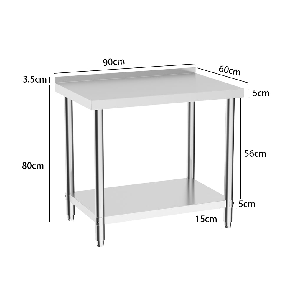 90cm/120cm/180cm×60cm×80cm H Commercial Kitchen Prep 2 Tier Work Stainless Steel Table With Backsplash | Small