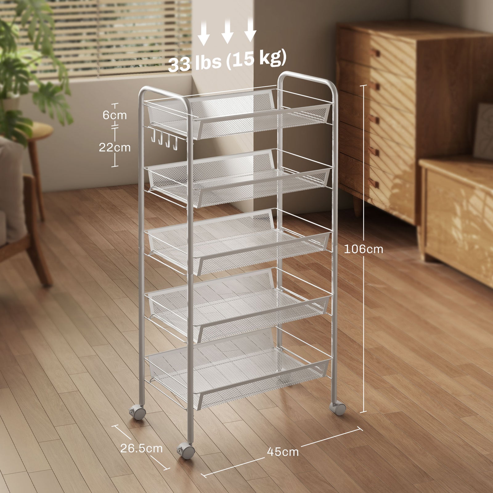 5 Tier Rolling Cart, Mesh Baskets White