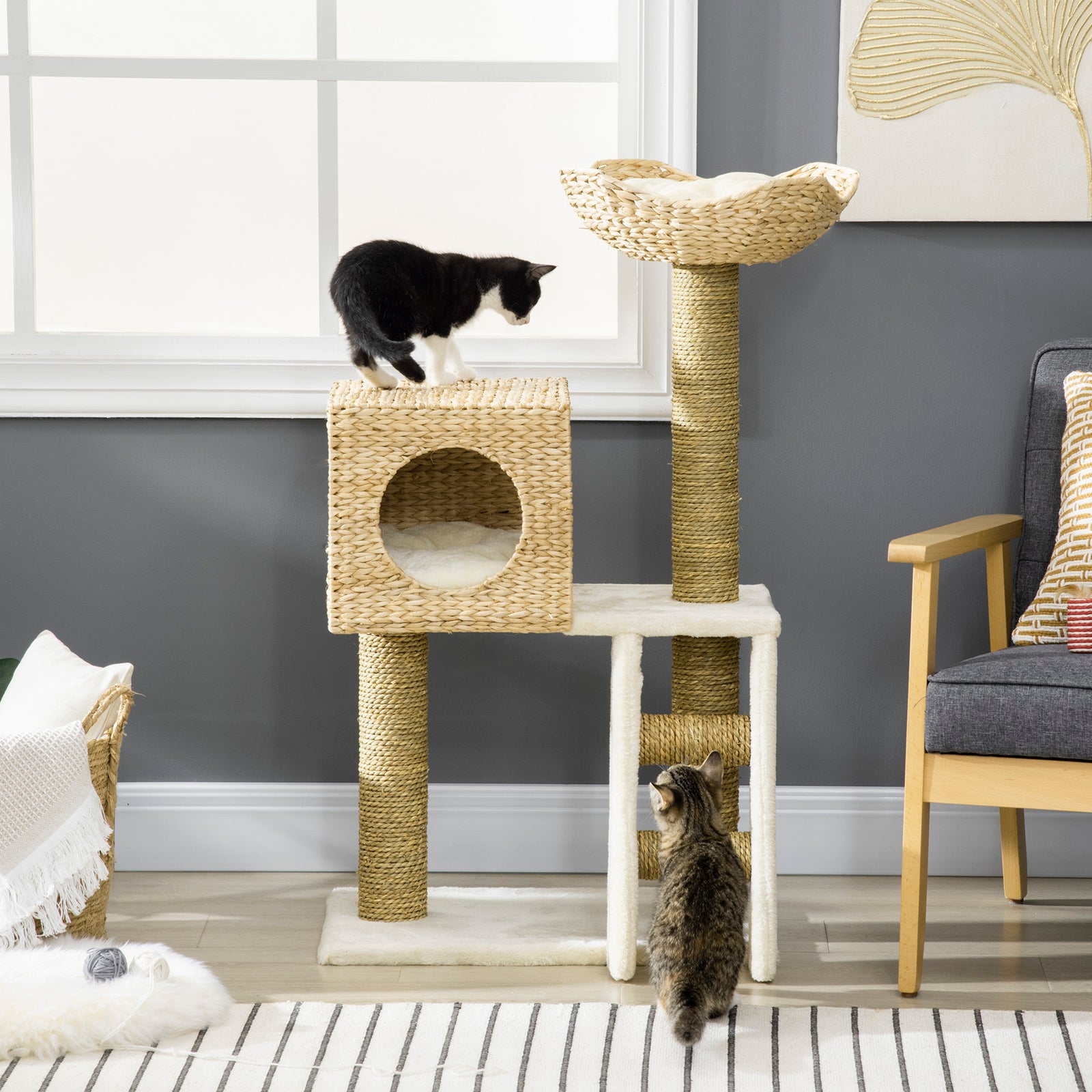 Cat Tree Kitten Tower Cattail Weave W/ Scratching Posts, Bed, House