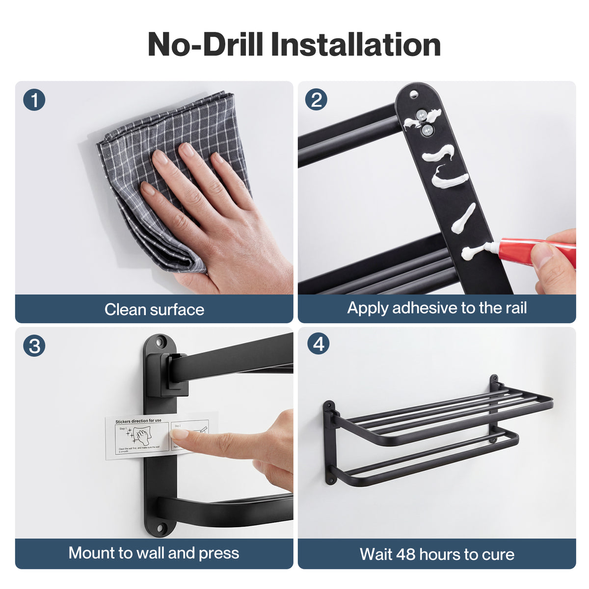 Towel Holder With 2 Bars Wall Mounted No Drill Bathroom Shelf Black | Black