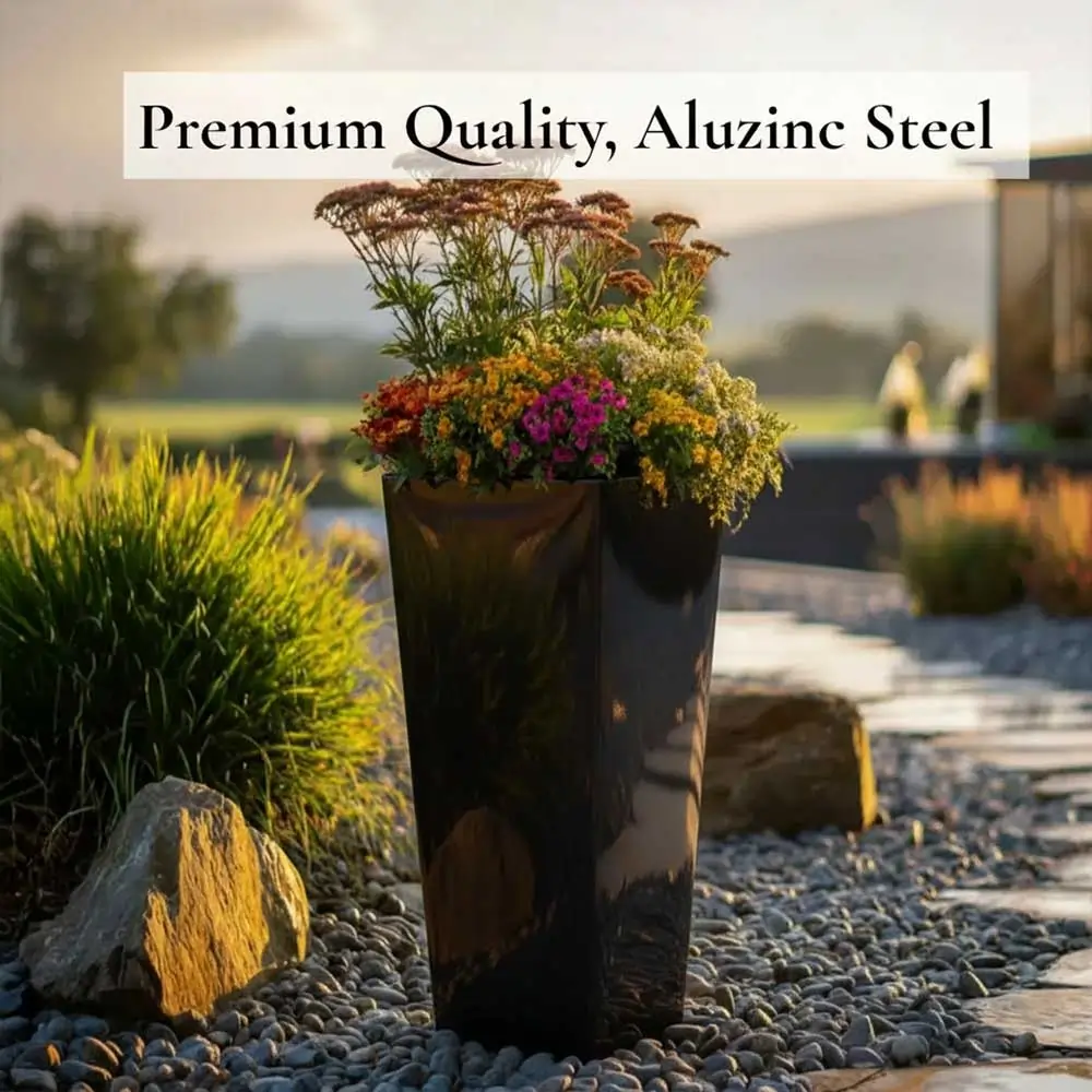 Zinc Galvanised Tall Flared Tapered Square Planter | 30cm x 30cm x 70cm | Glossy Black