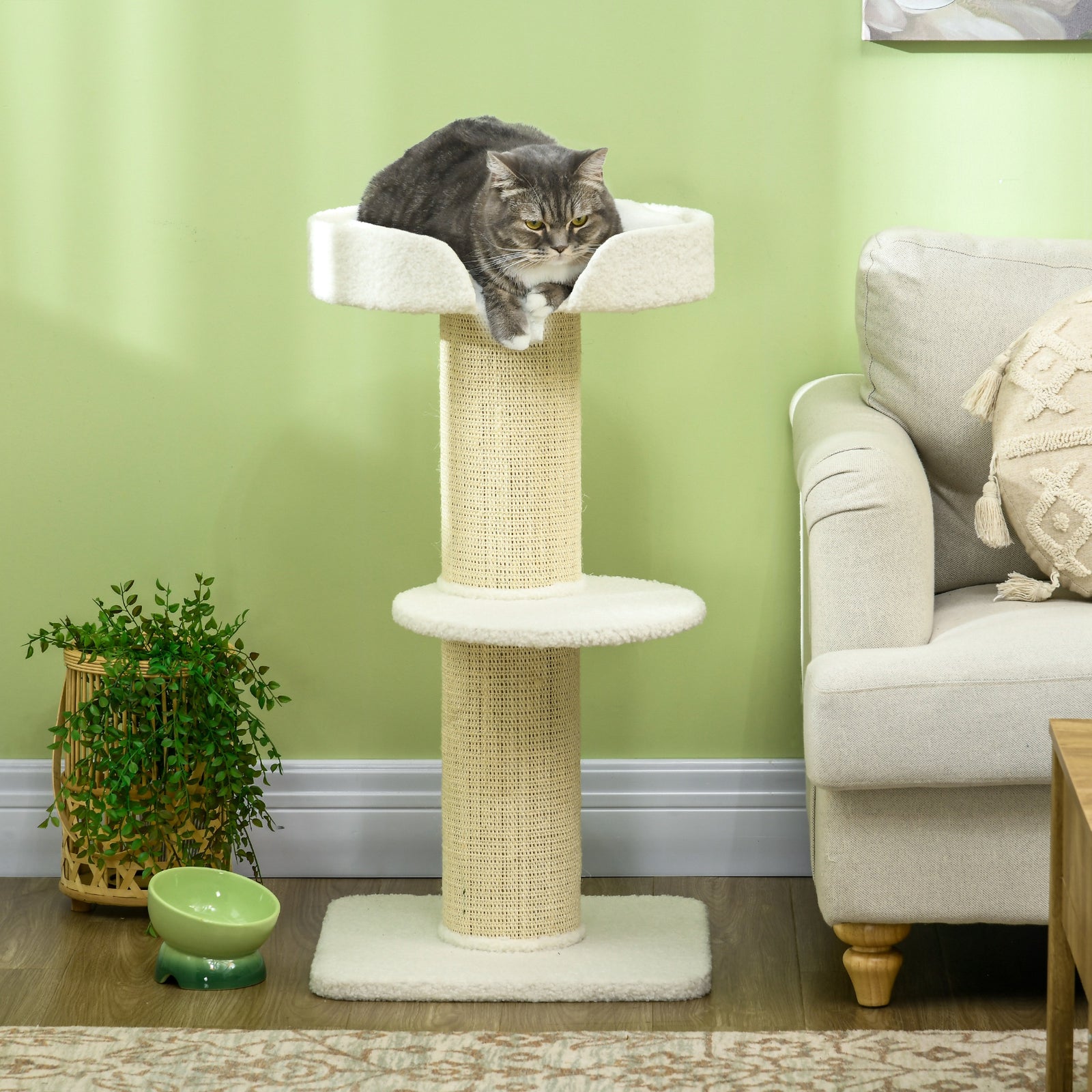 2-tier Cat Kitten Resting Tree W/ Top Basket Cushion Sisal Post | White