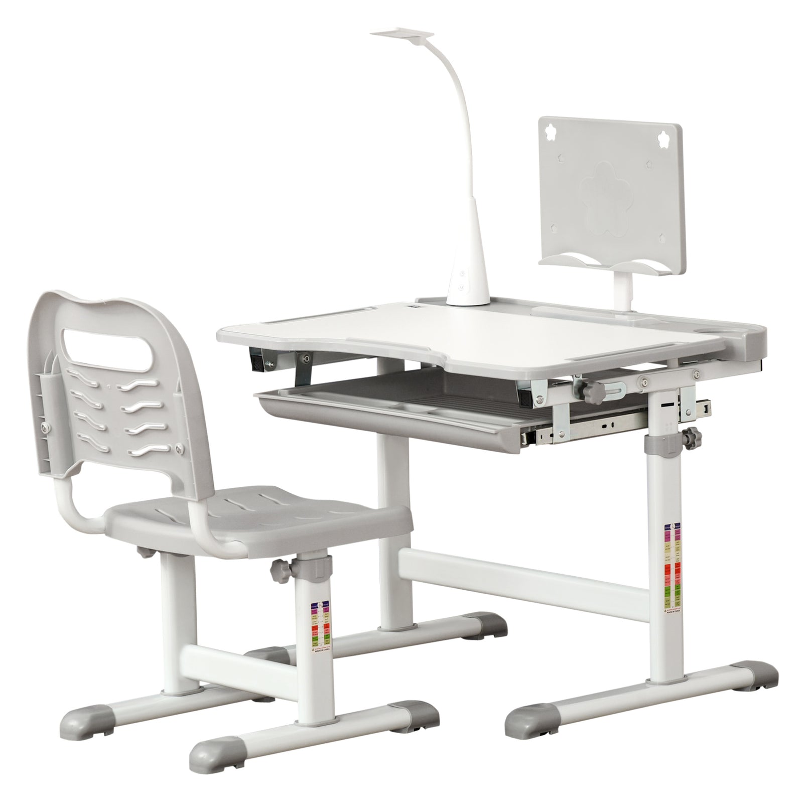 Kids Study Desk And Chair Set W/ Usb Lamp, Adjustable Height | Grey