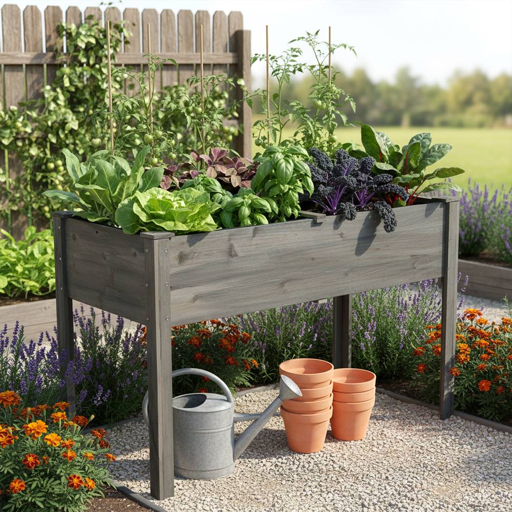 Raised Garden Bed With Optional Non-woven Liner, Fir Wood Elevated Planter Box With Drainage Holes | Grey
