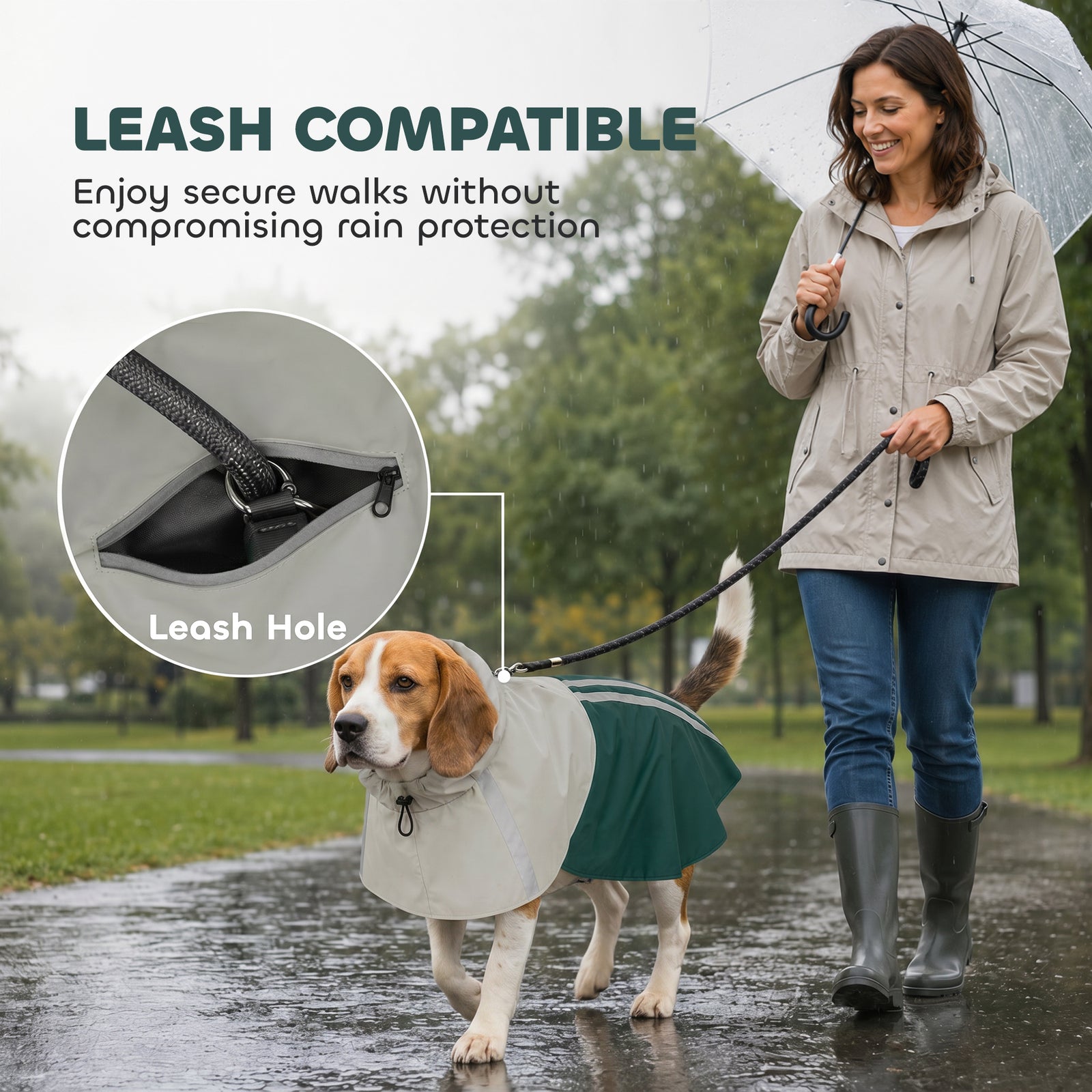 Dog Raincoat With Hood, Dog Rain Jacket | M | Green