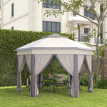 4x4m Hexagon Gazebo With Metal Frame Mesh Curtains Garden | Beige