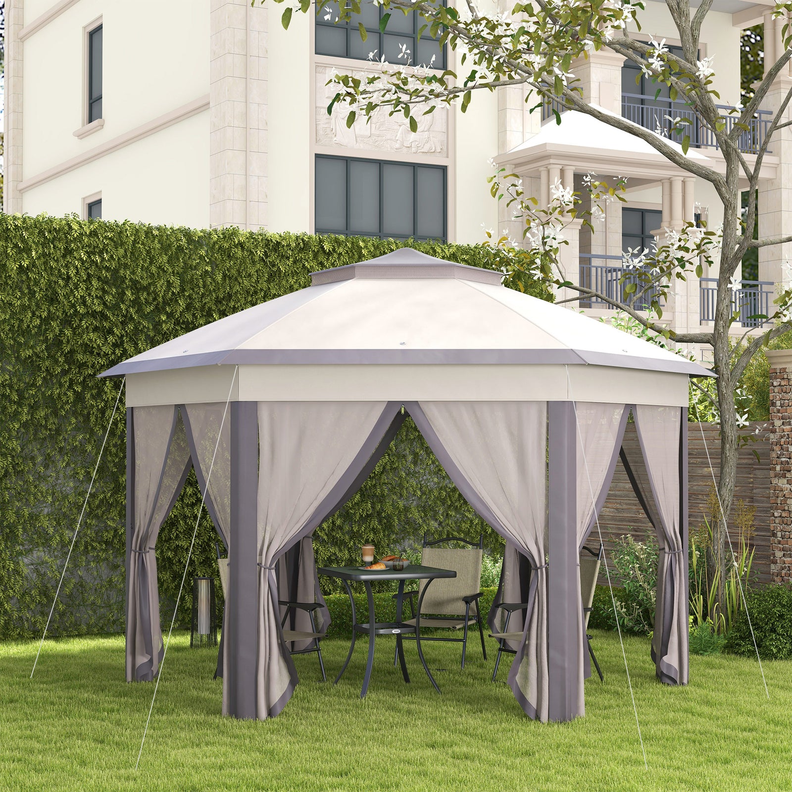 4x4m Hexagon Gazebo With Metal Frame Mesh Curtains Garden | Beige