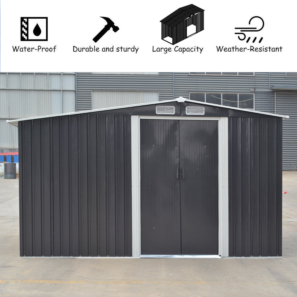 8x8ft Outdoor Garden Metal Storage Shed With Log Rack Waterproof Tool Firewood Storage | Large | Black