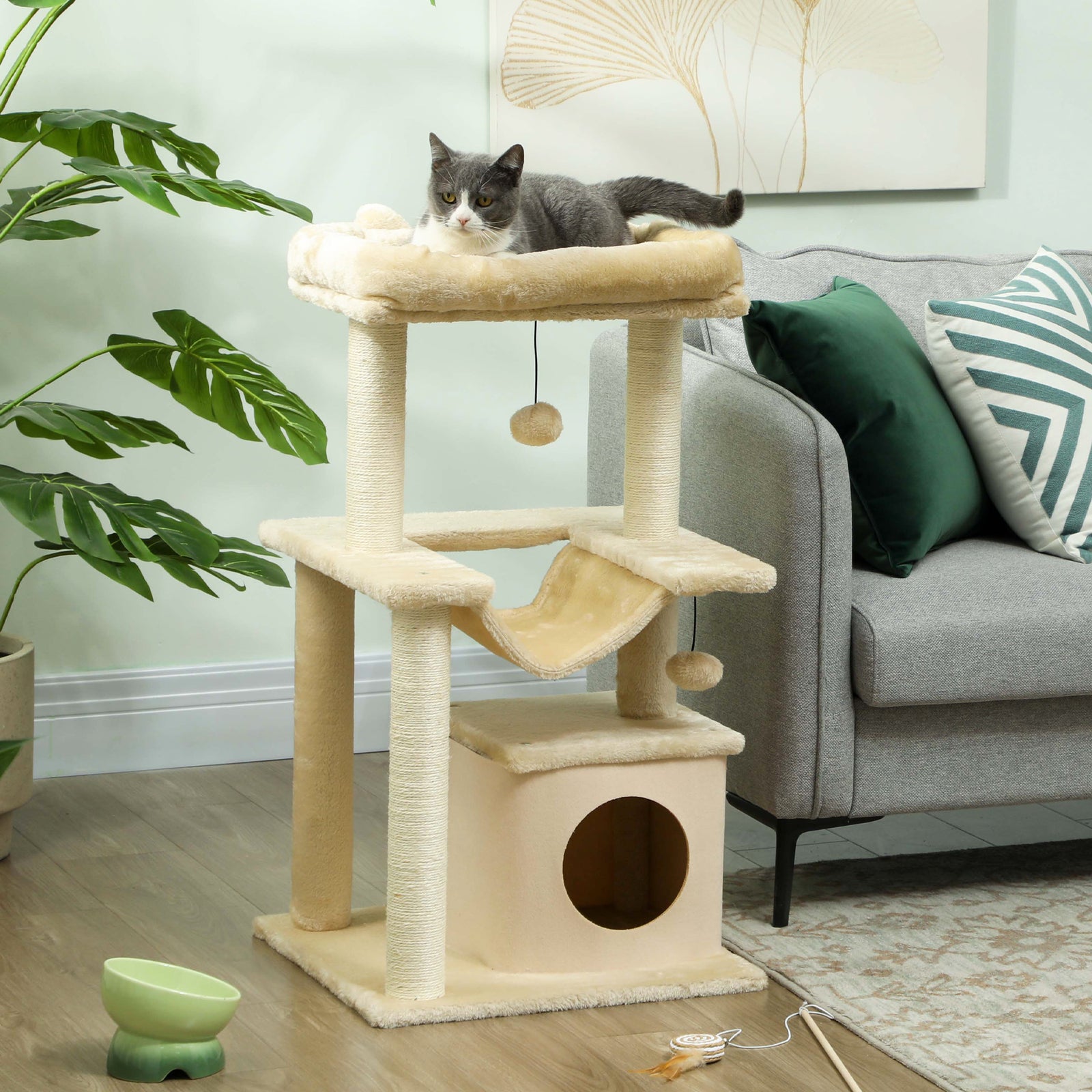 Cat Tree, 90cm Cat Tower With Sisal Scratching Posts | Beige
