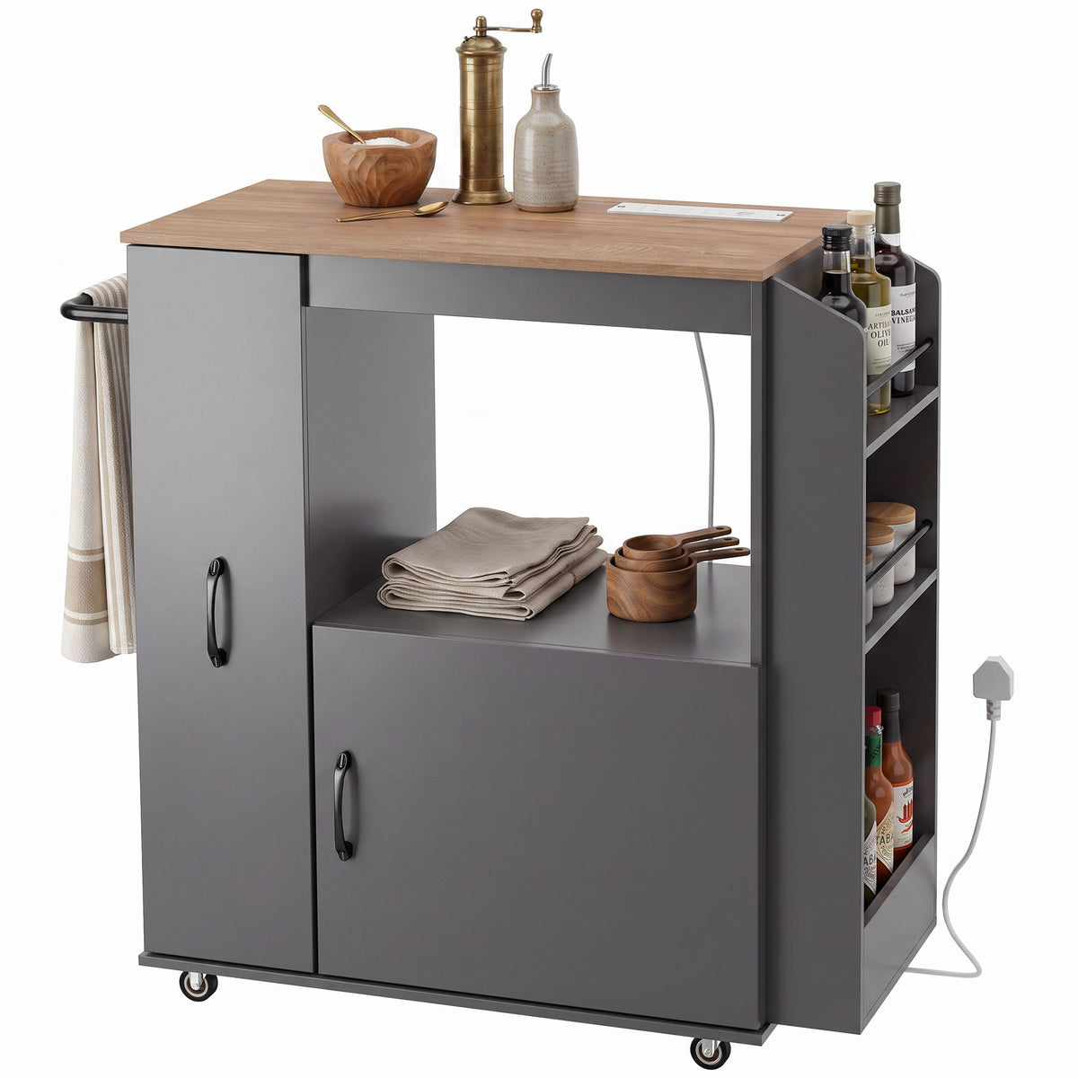Kitchen Trolley On Wheels, Rolling Kitchen Cart With Power Outlet | Grey