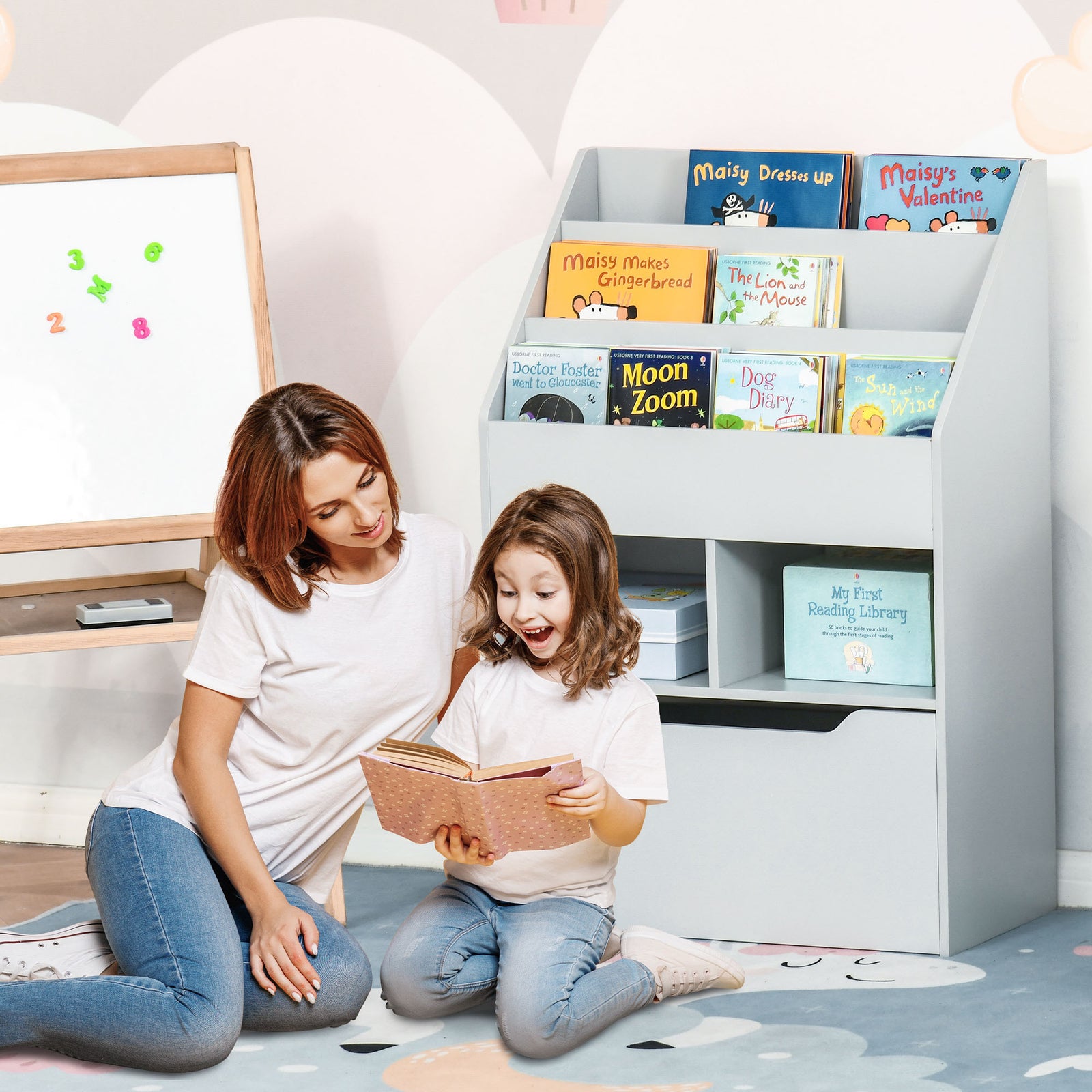 Kids Bookshelf, Toy Box W/ Storage Drawer, Wheels, For Bedroom | Grey
