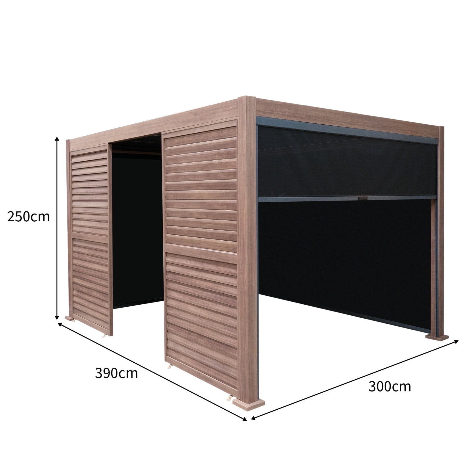 Wood Effect Aluminium Pergola With Blinds, 2 X Side Panels & Led Lights | 4m x 3m | Brown