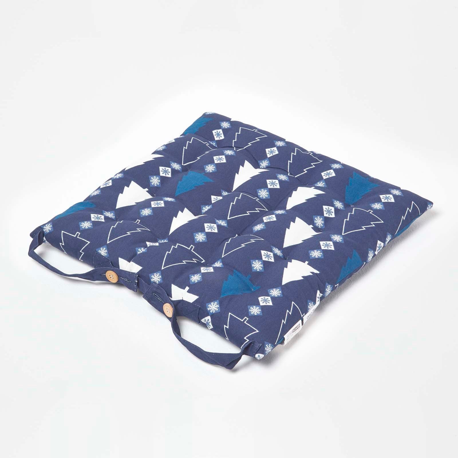 Christmas Seat Pad With Straps 100% Cotton 40 x 40cm | 40cm x 40cm | Blue