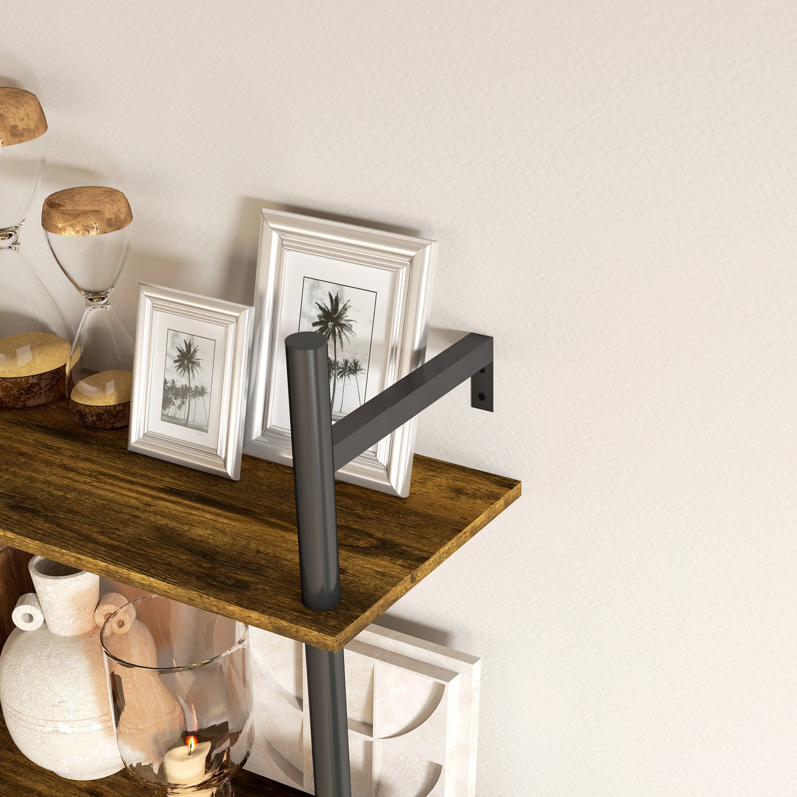 Wall Shelf Unit With 4 Hooks For Living Room, Entryway | One Size | Brown