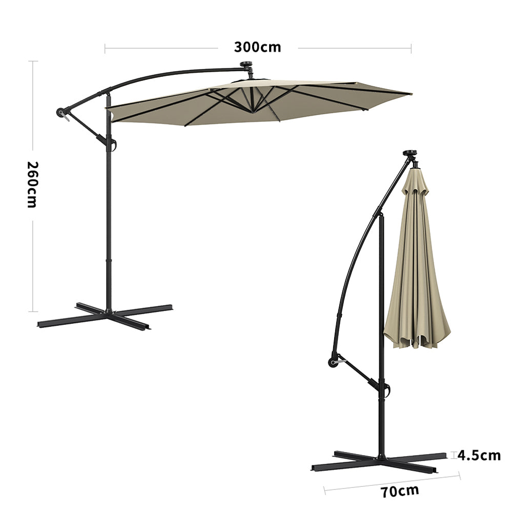 3 M Banana Patio Umbrella Cantilever Garden Parasol With Solar-powered 32 Led Lights, Crank For Opening Closing With Cross Base | One Size | Beige