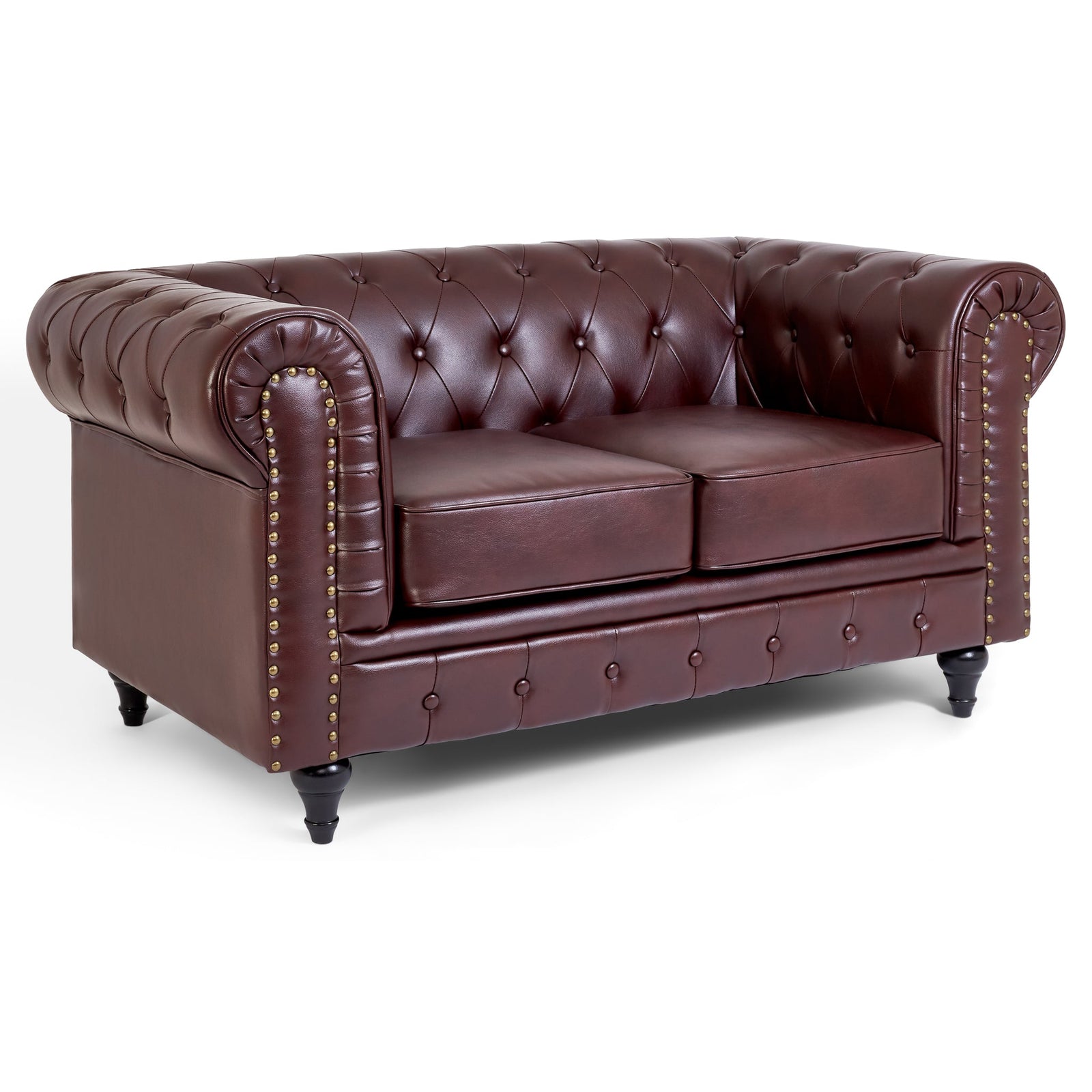 Button Tufted Faux Leather Living Room Sofa - 2 Seater | Brown
