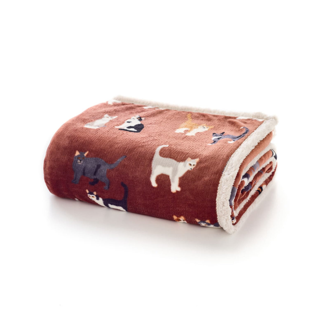 Mixed Kitty Sherpa Fleece Throw – Printed Cat Blanket | 140cm x 180cm | Brown