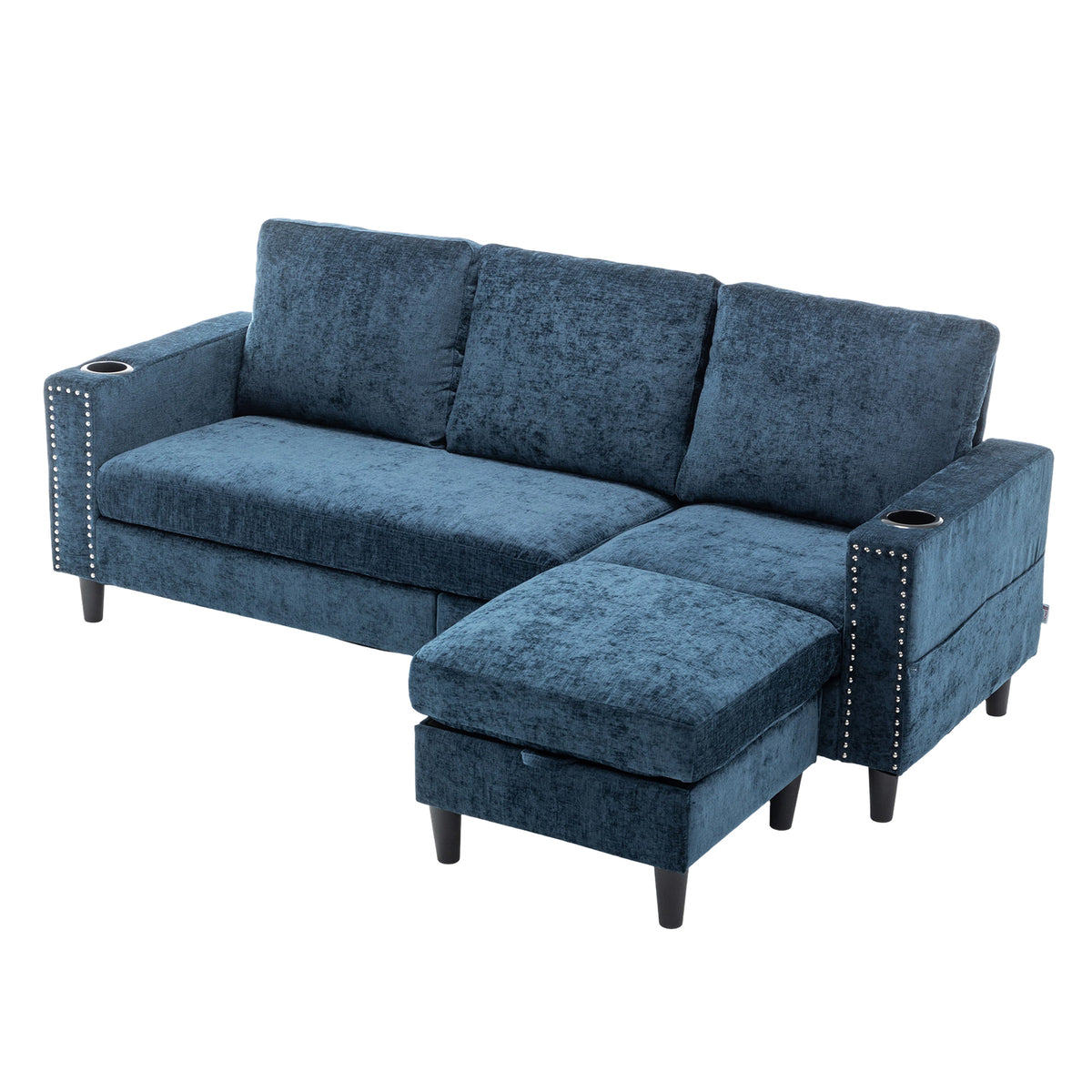 Chenille Upholstered L-shaped 3-seater Sectional Sofa With Ottoman | Blue
