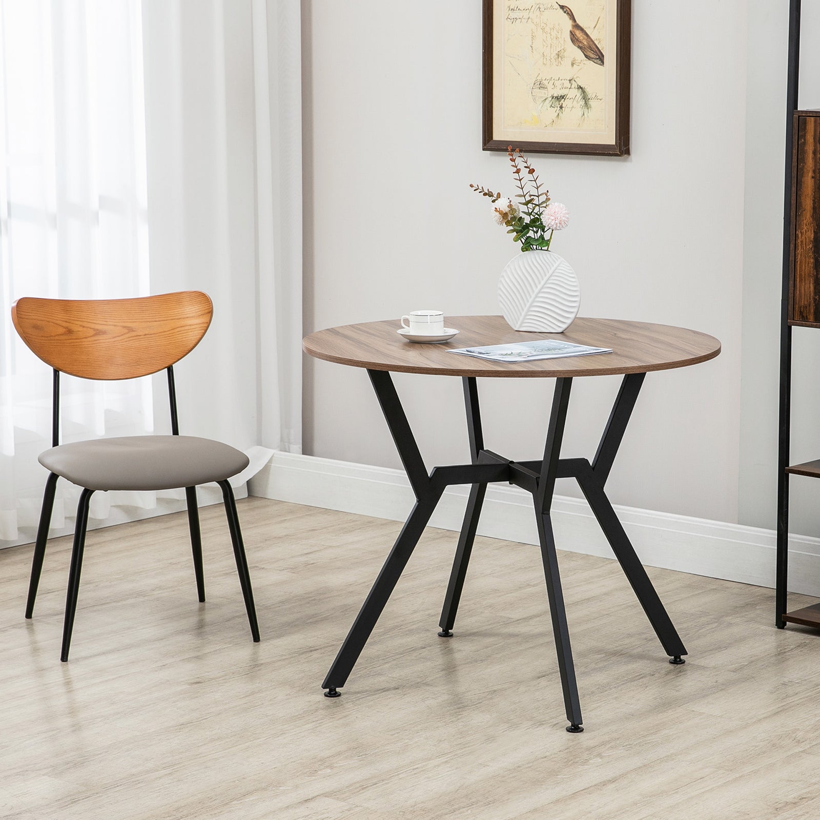 Dining Table With Round Top, Steel Legs, Brown