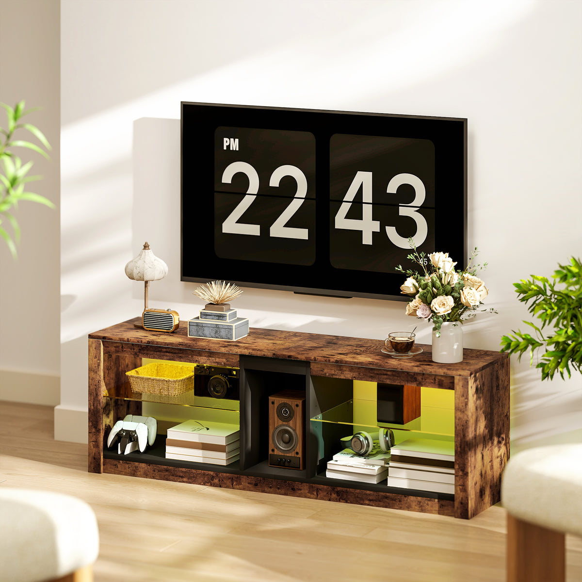 HOMCOM Tv Stand, Entertainment Centre With Led Lights, Rustic Brown