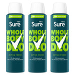 Men Whole Body Deodorant Spray Active Fresh W/ 72h Odour Control 150ml, 3pk | Set of 3